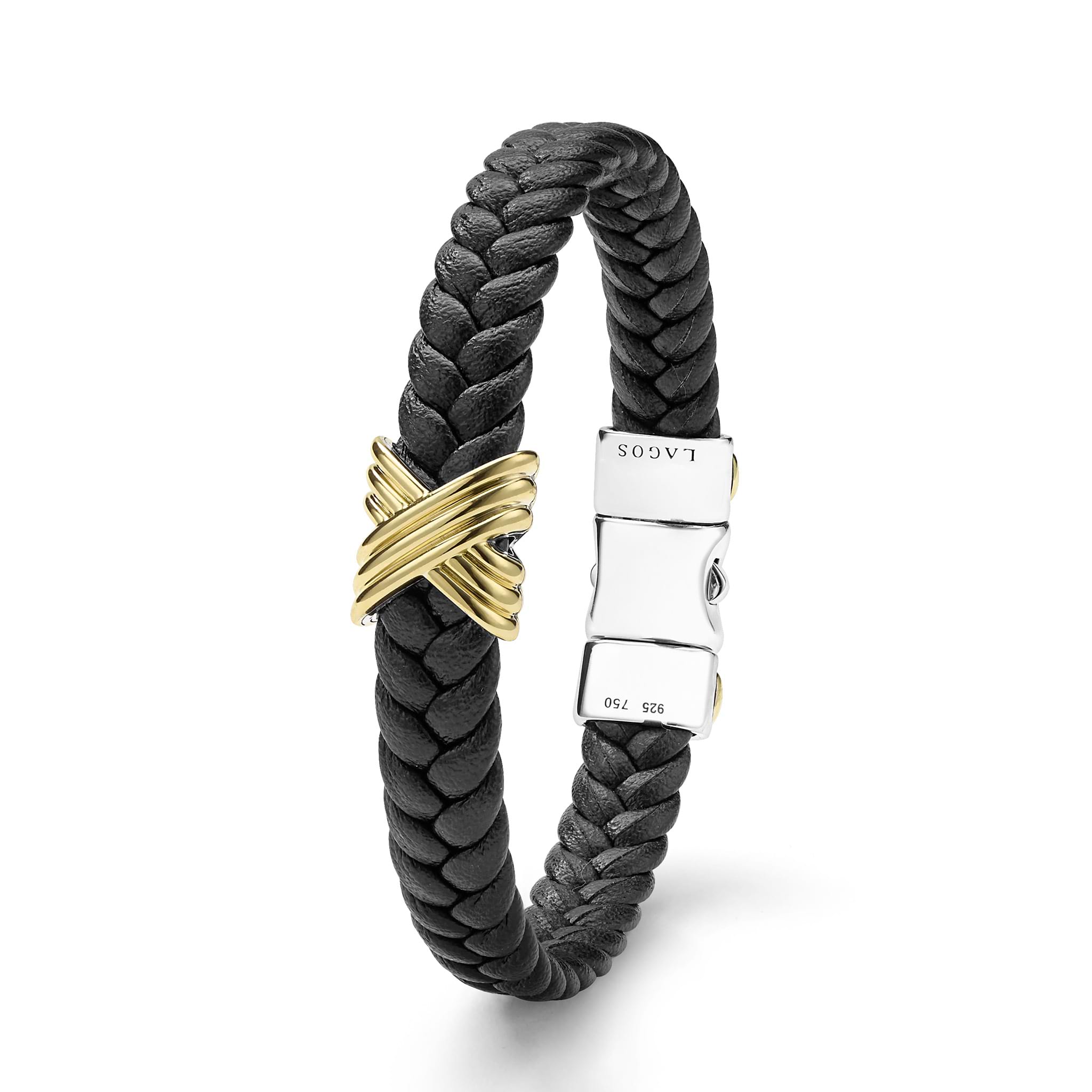Anthem Two-Tone Braided Vegan Leather X Bracelet with gold X knot and sterling-silver clasp, showcasing LAGOS craftsmanship and elegant, modern design.