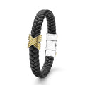 Anthem Two-Tone Braided Vegan Leather X Bracelet with gold X knot and sterling-silver clasp, showcasing LAGOS craftsmanship and elegant, modern design.