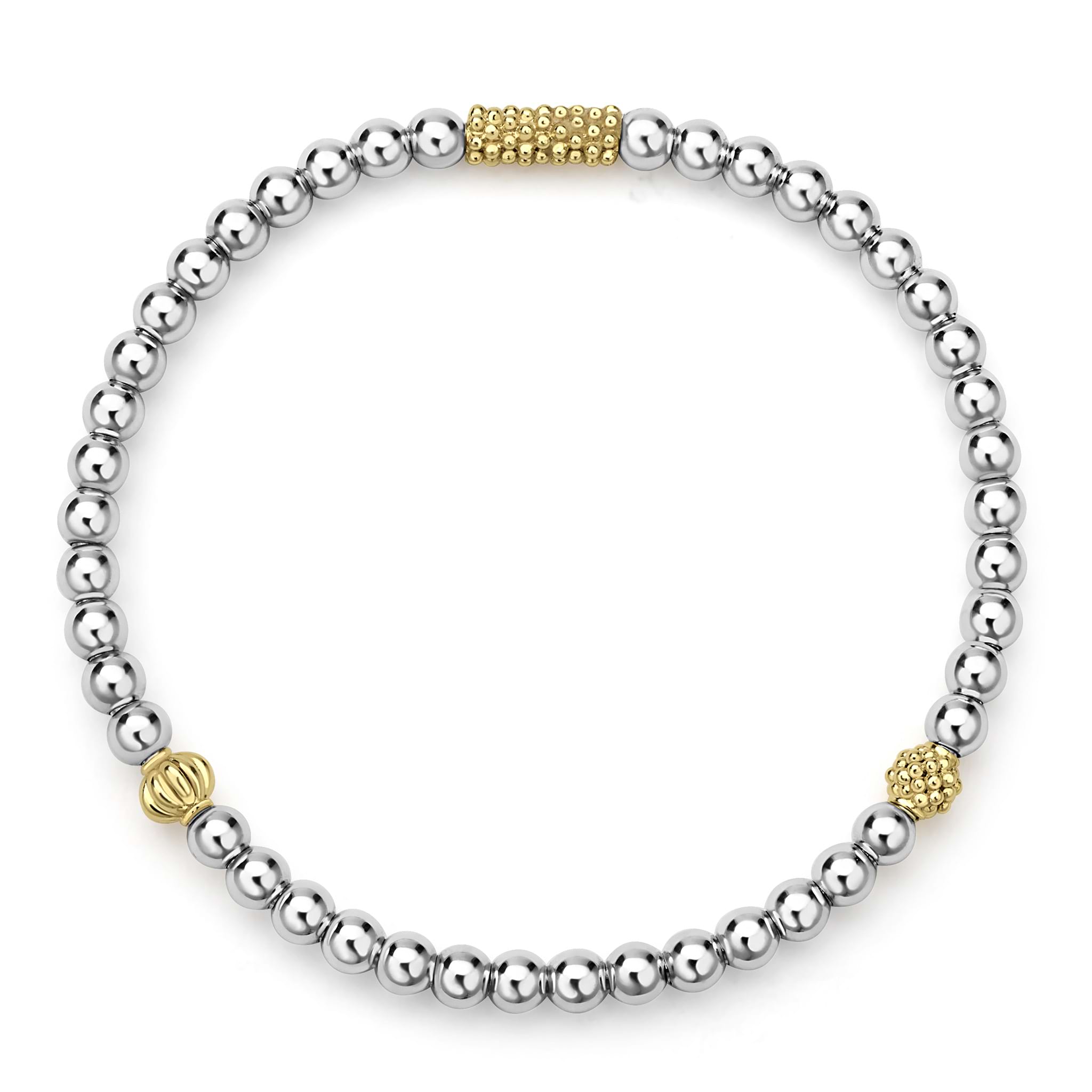 Caviar Icon Two-Tone Stretch Bracelet with polished silver spheres and gold accents, showcasing refined elegance and modern texture.