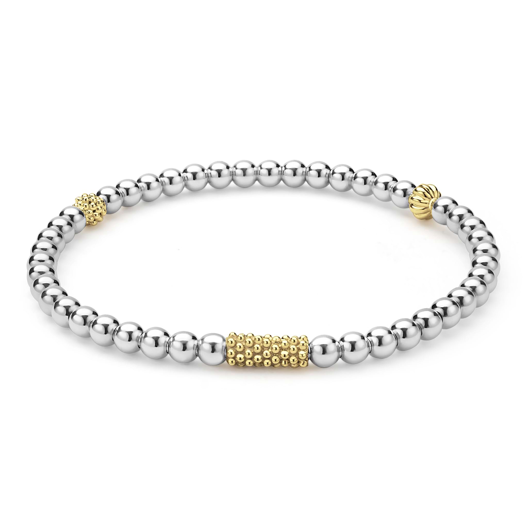 Caviar Icon Two-Tone Stretch Bracelet: polished silver spheres with gold-tone accents, showcasing LAGOS signature Caviar beading for elegant, versatile wear.