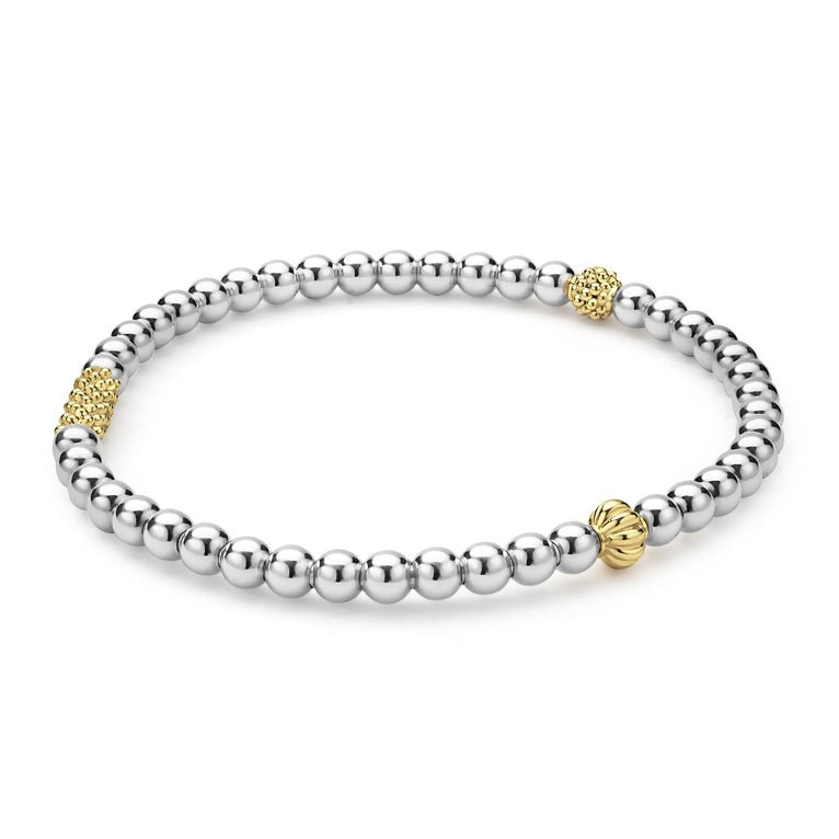 Caviar Icon Two-Tone Caviar Icon Stretch Bracelet, featuring polished silver and gold-tone beads, showcasing LAGOS signature Caviar beading and elegant craftsmanship.