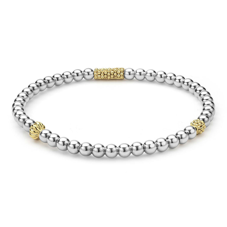 Caviar Icon Two-Tone Stretch Bracelet with polished silver beads and gold accents, showcasing LAGOS signature Caviar beading for elegant, versatile wear.