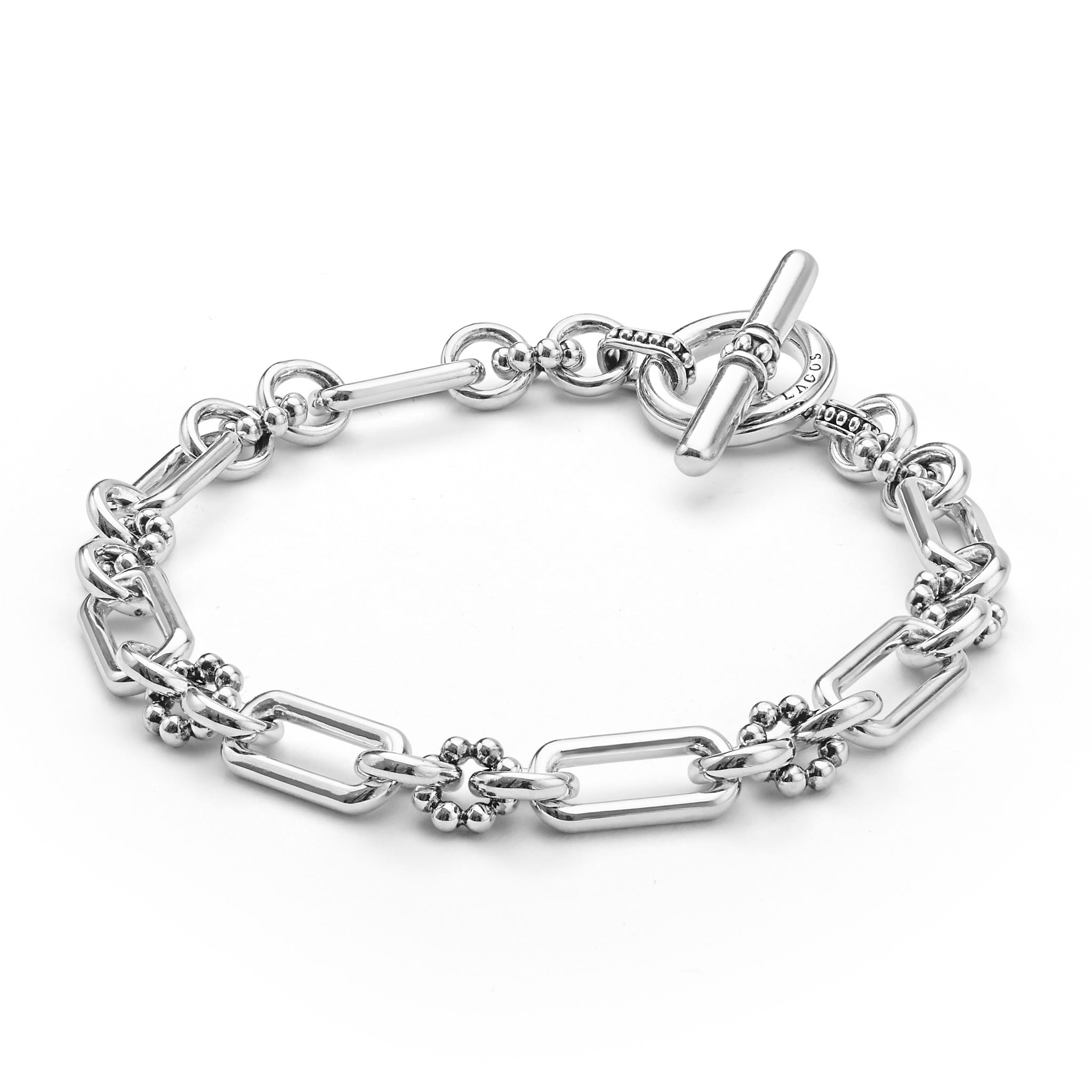Signature Caviar Petite Sterling Silver Link Bracelet, featuring oblong and beaded rings with a stylish bar-and-circle toggle clasp, embodies refined elegance and timeless design.