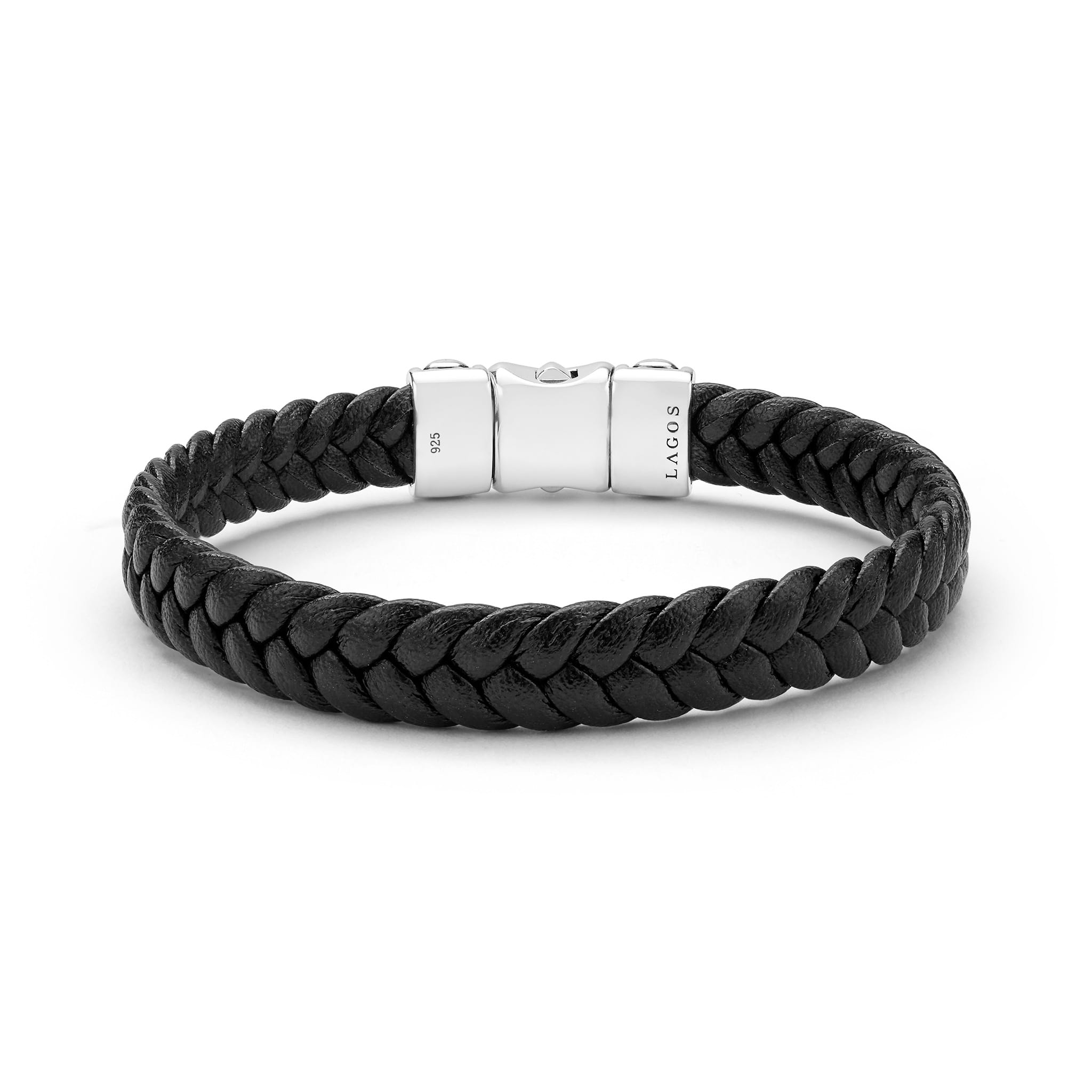 Anthem Black Braided Vegan Leather and Sterling Silver Bracelet with engraved LAGOS clasp, showcasing a refined, minimalist design perfect for versatile styling.
