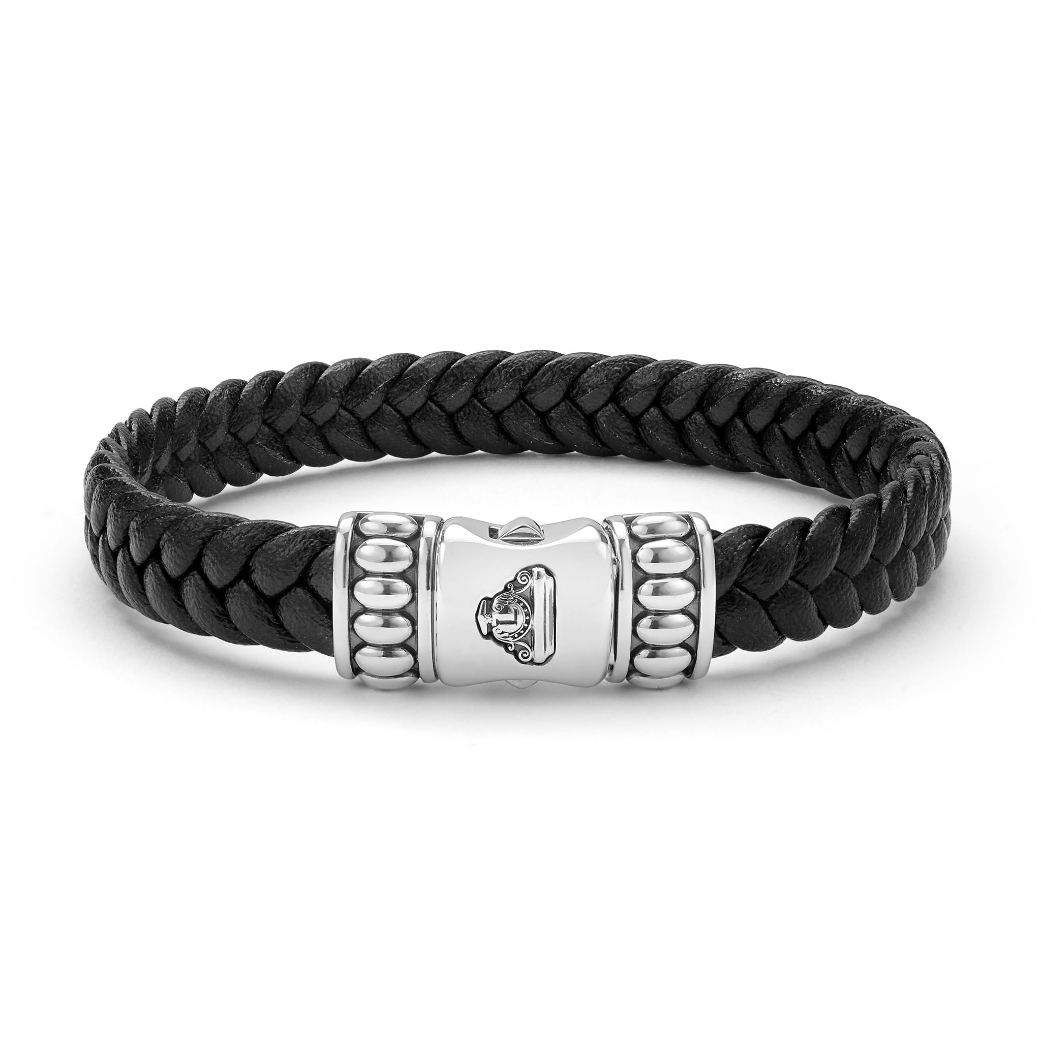 Anthem Black Braided Vegan Leather and Sterling Silver Bracelet with polished clasp, metal bead accents, and engraved emblem, showcasing modern elegance and craftsmanship.