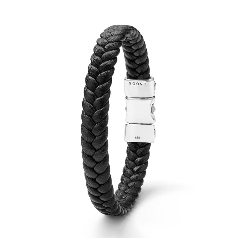 Anthem Black Braided Vegan Leather and Sterling Silver Bracelet featuring a polished 925 clasp branded LAGOS, showcasing minimalist design and refined craftsmanship.