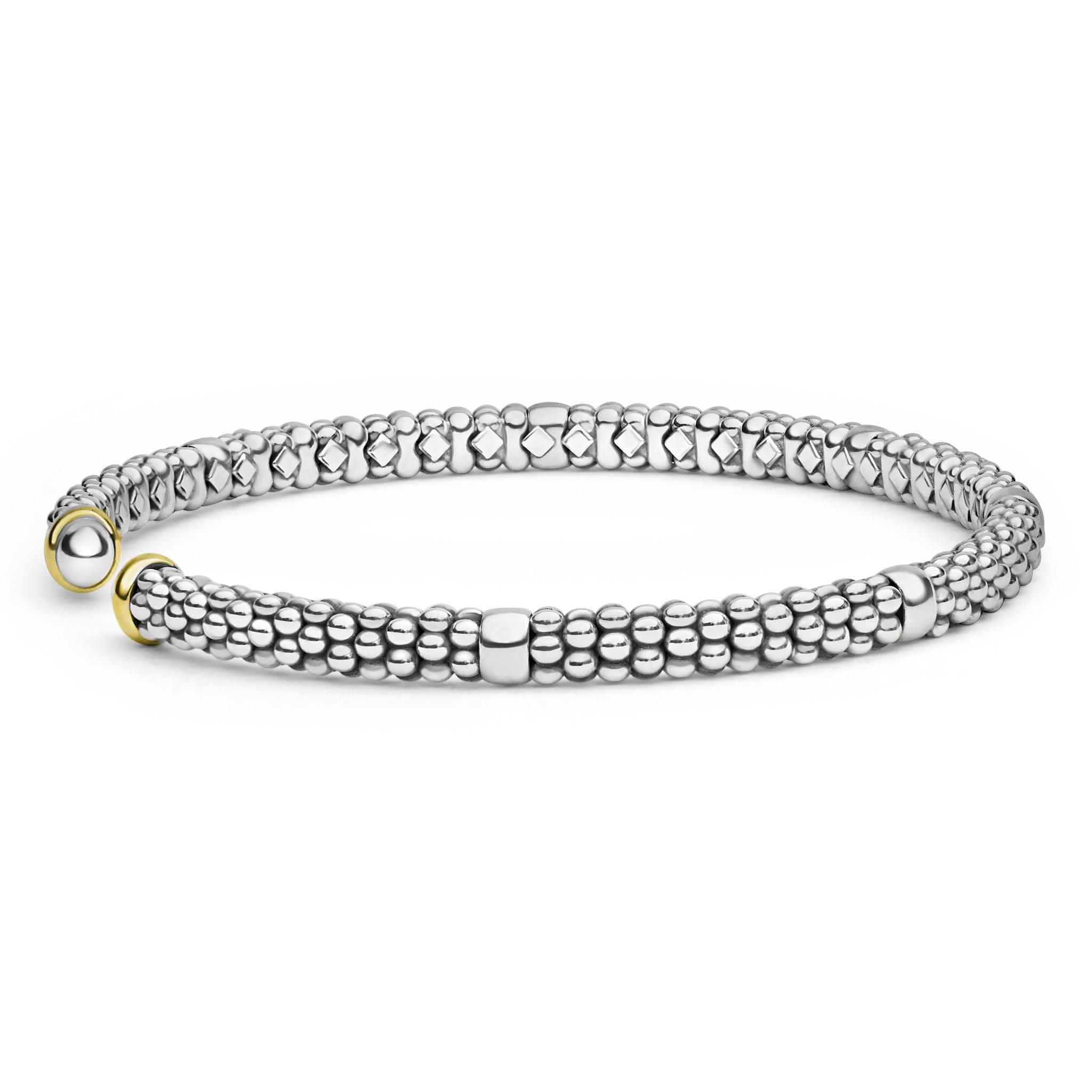 Signature Caviar Two-Tone Mini Versa Torque Bracelet with polished silver beads, square accents, and gold-tone rings; features a modern, textured finish in a sleek torque style.