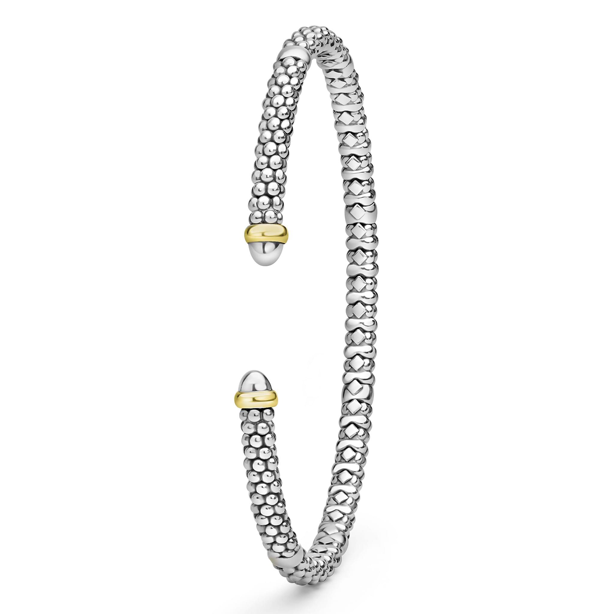  3mm, showcasing silver and gold bead-textured chain with Caviar beading, finished with polished collars.