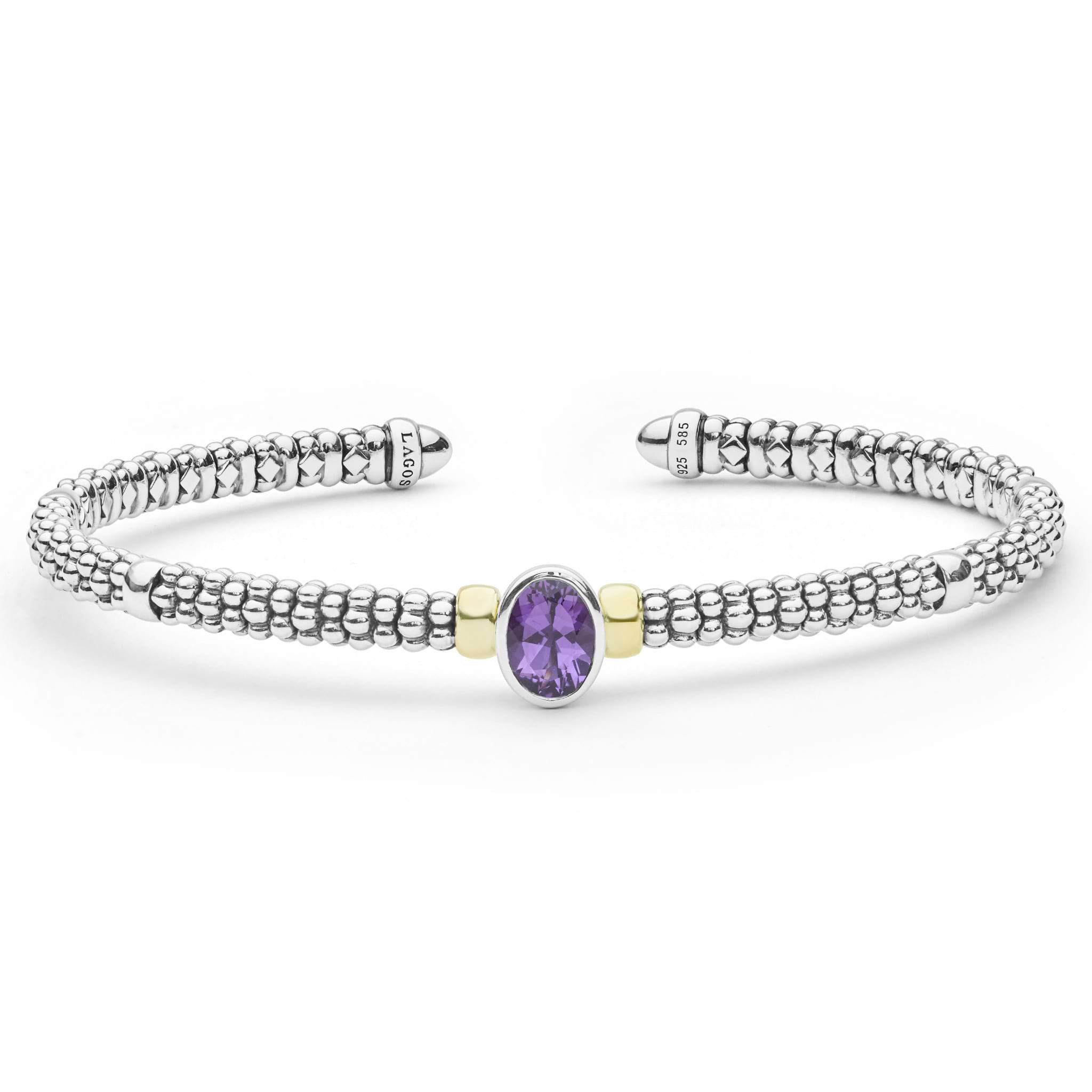 Signature Caviar Two-Tone Amethyst Oval Mini Versa Torque Bracelet in sterling silver with 14K gold accents, featuring caviar beading and a central oval amethyst.
