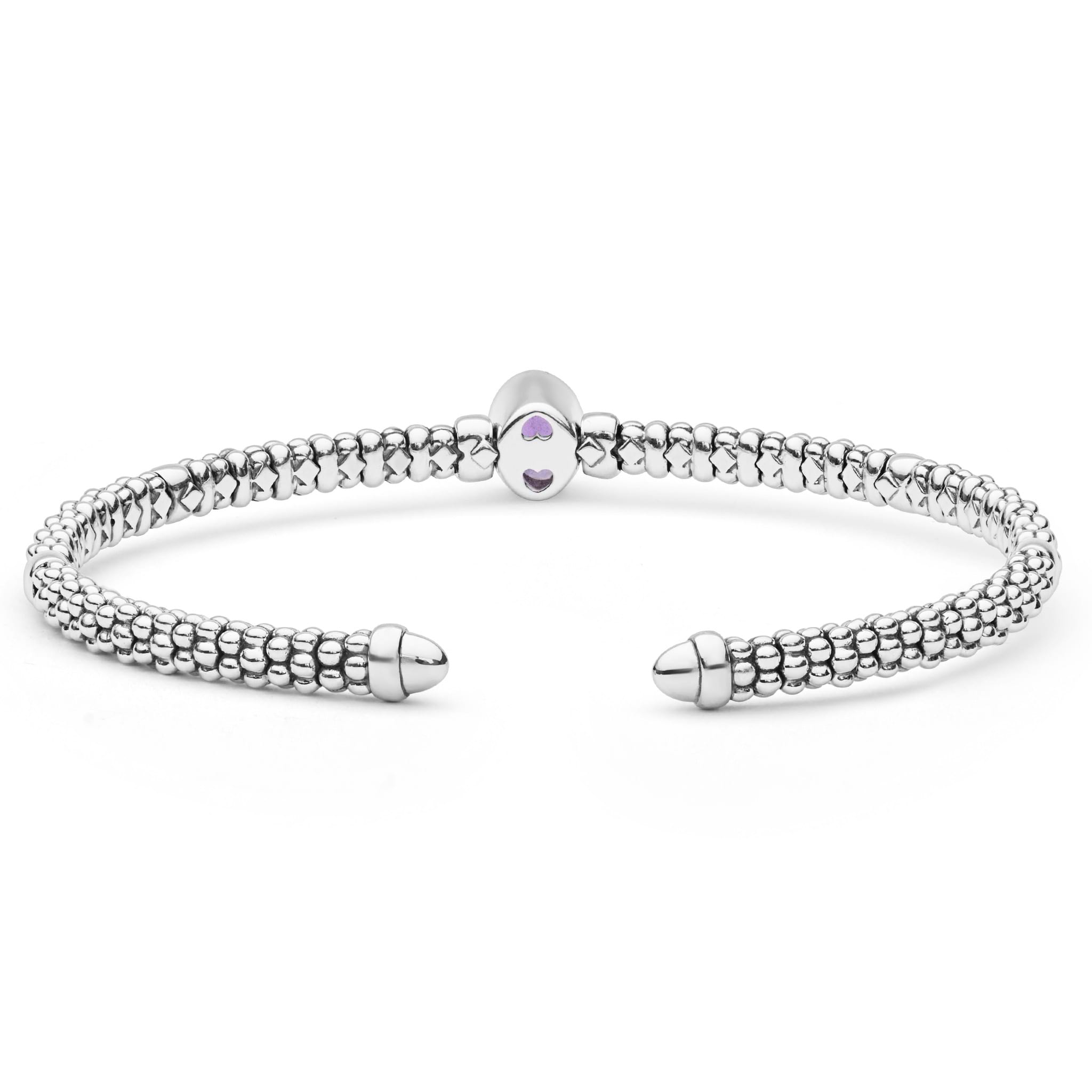  3mm features sterling silver caviar beading, an oval amethyst center, and 14K gold accents.