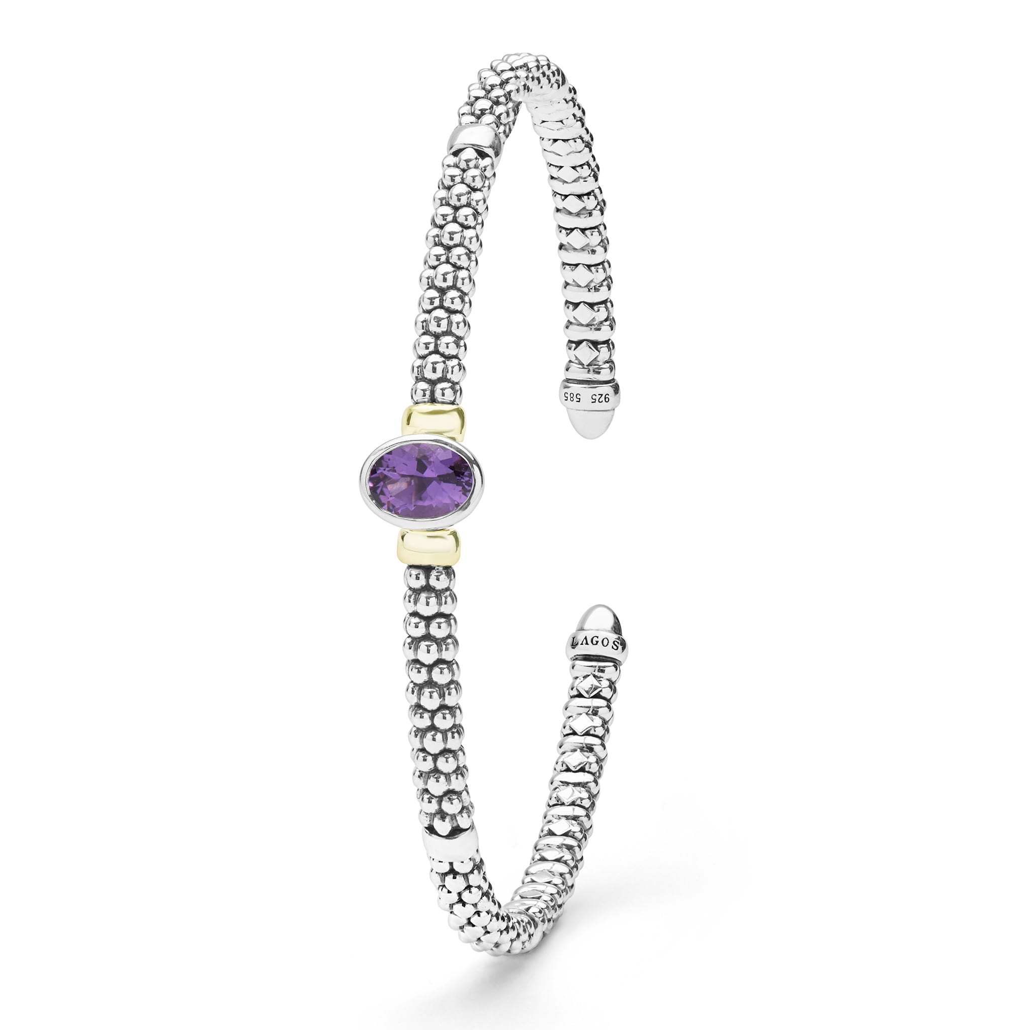 Signature Caviar Two-Tone Amethyst Oval Mini Versa Torque Bracelet with sterling silver caviar beading, 14K gold accents, and a central faceted amethyst gemstone.