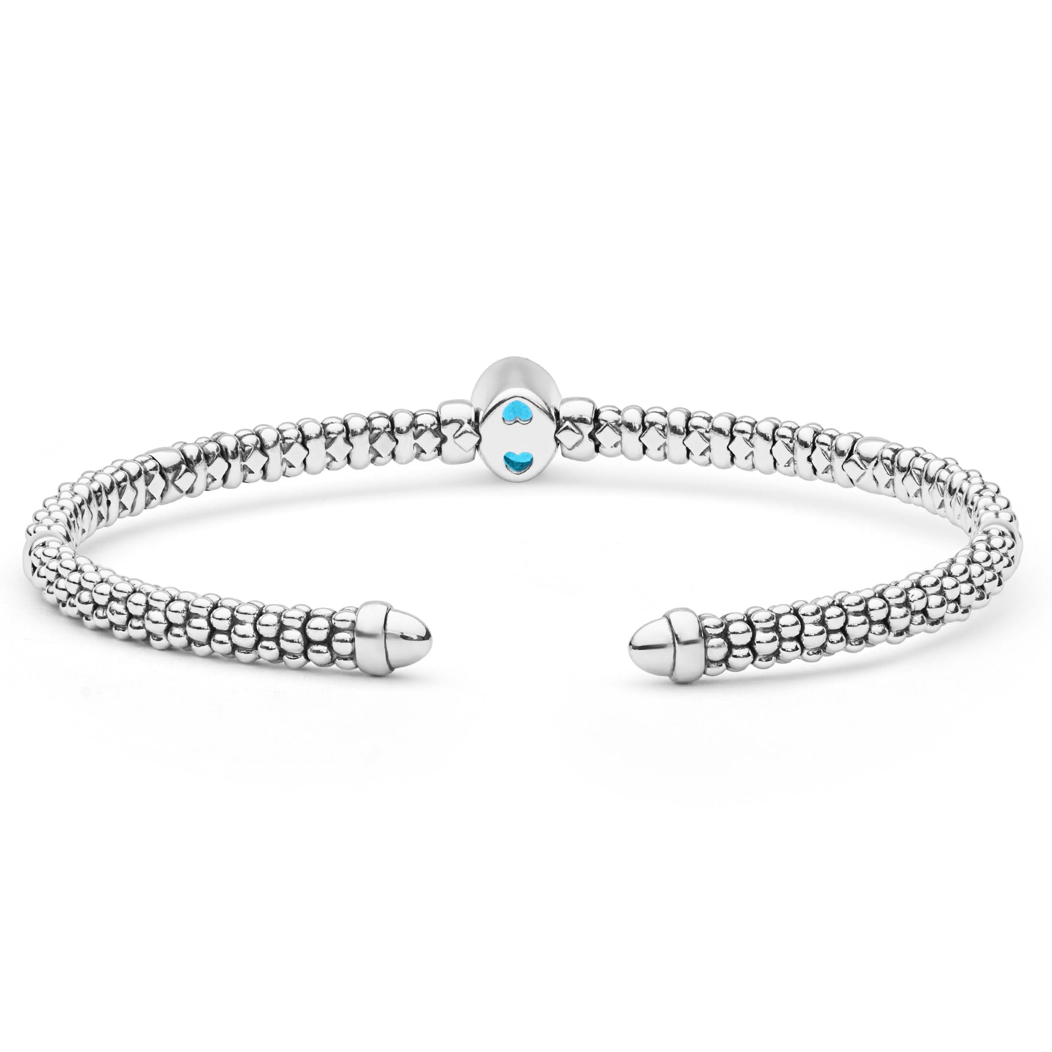  3mm, featuring sterling silver caviar beading, 14K gold accents, and a central blue topaz gemstone.