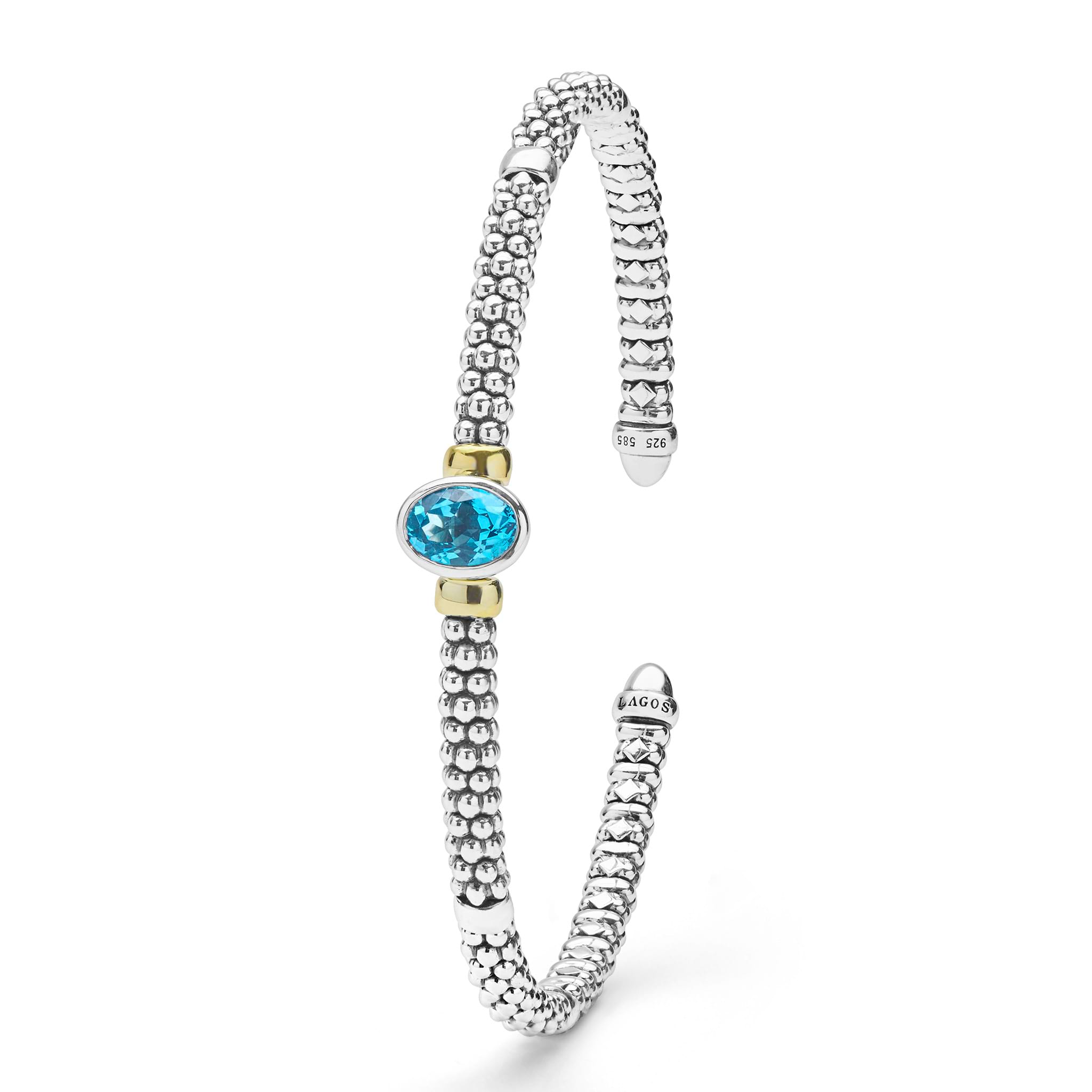  3mm featuring sterling silver caviar beading, 14K gold accents, and a vivid blue topaz gemstone.
