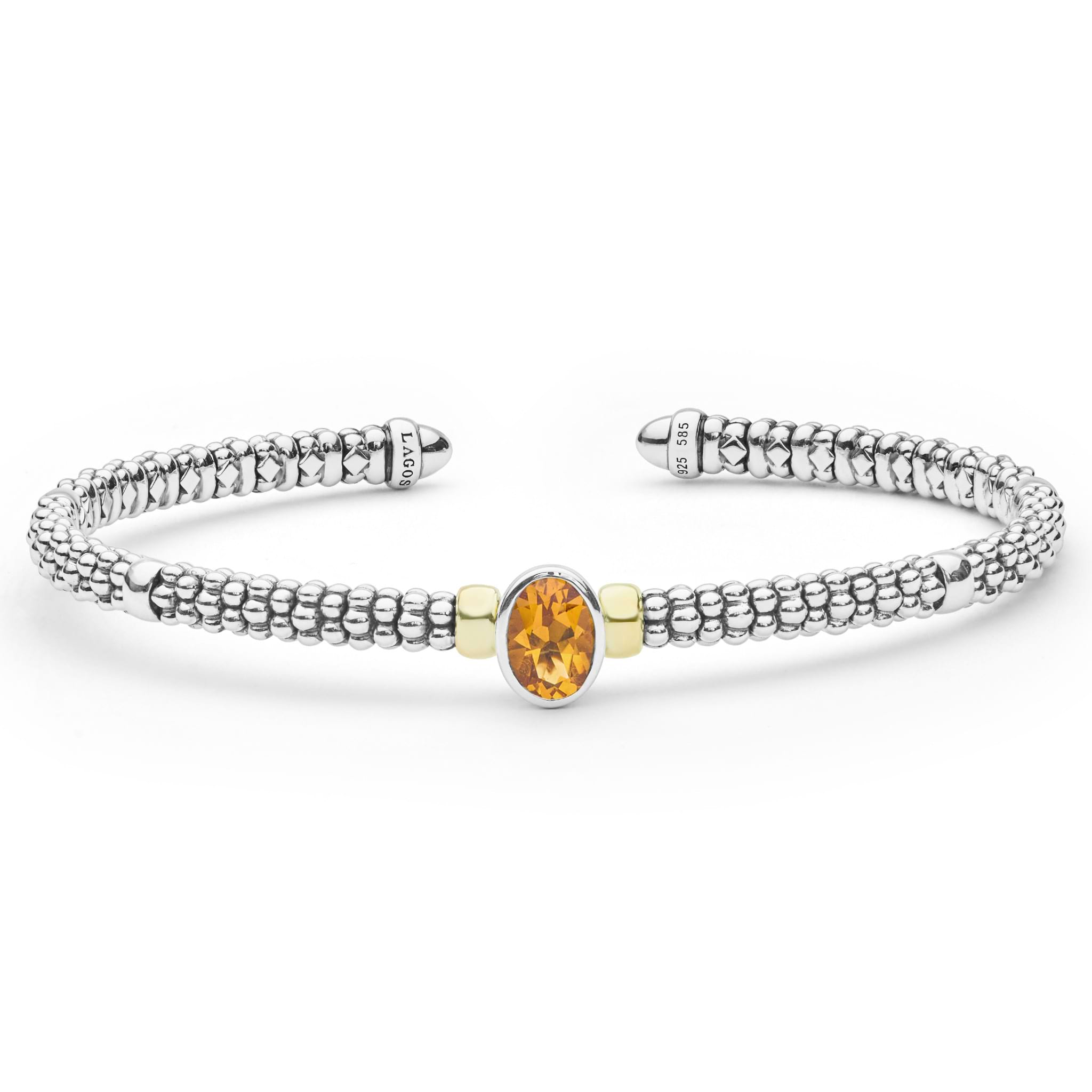 Signature Caviar Two-Tone Citrine Oval Mini Versa Torque Bracelet with sterling silver caviar beading, featuring a faceted citrine gemstone and 18K gold accents.
