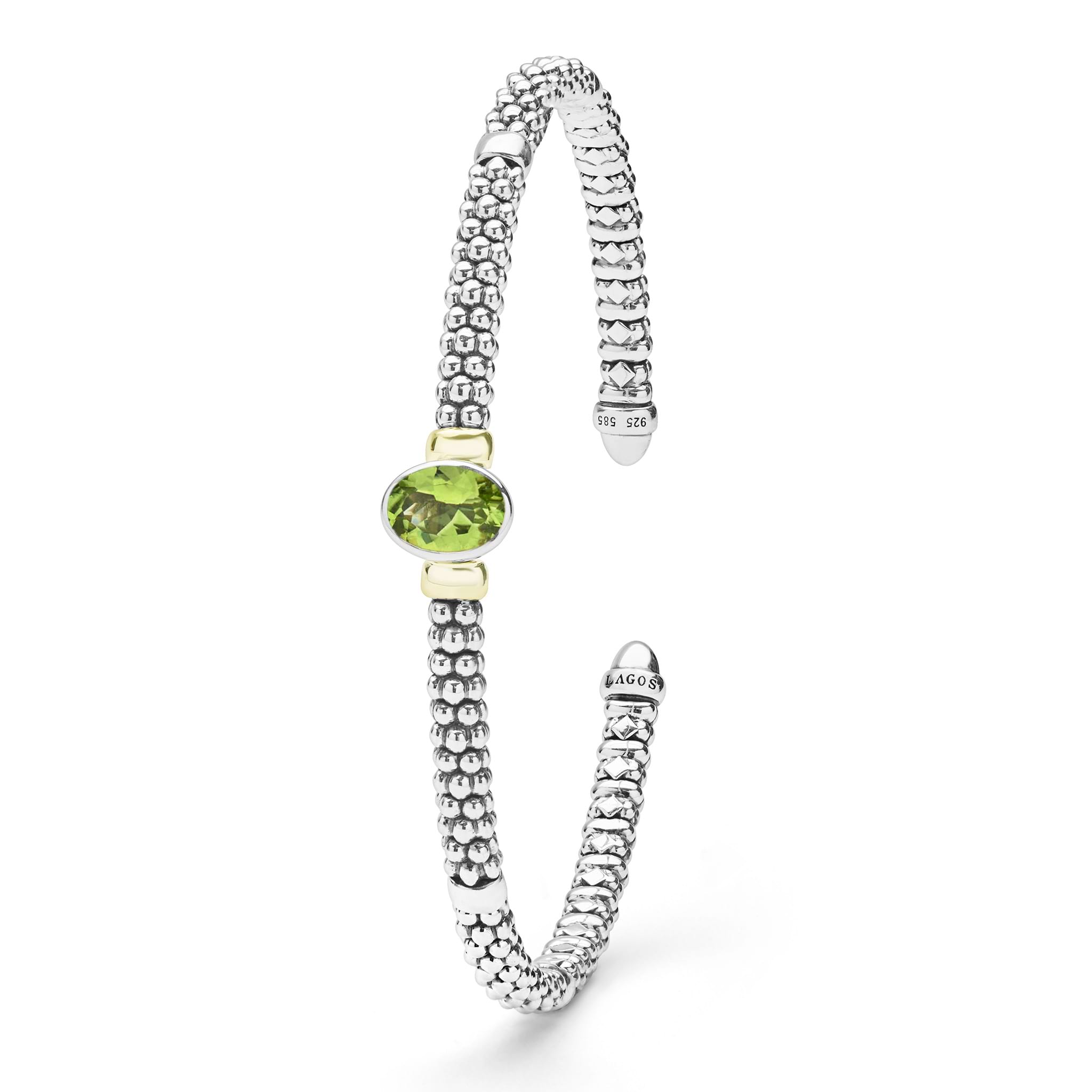 Signature Caviar Two-Tone Peridot Oval Mini Versa Torque Bracelet with sterling silver and 14K gold accents, featuring a central peridot gemstone and caviar beading.