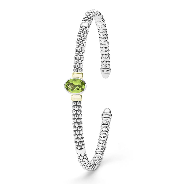 Signature Caviar Two-Tone Peridot Oval Mini Versa Torque Bracelet with sterling silver and 14K gold accents, featuring a central peridot gemstone and caviar beading.