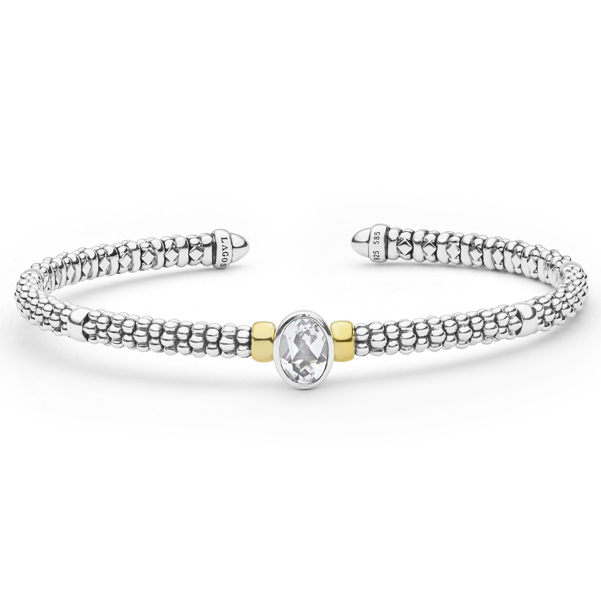 Signature Caviar Two-Tone White Topaz Oval Mini Versa Torque Bracelet in sterling silver with 14K gold accents, featuring caviar beading and a central oval white topaz stone.