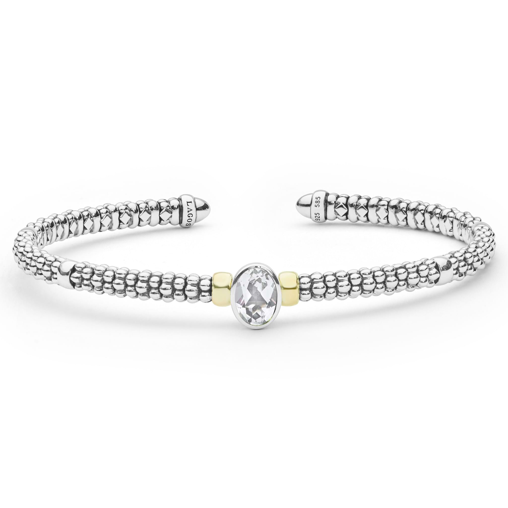 Signature Caviar Two-Tone White Topaz Oval Mini Versa Torque Bracelet in sterling silver with caviar beading, featuring a central faceted white topaz and 14K gold accents.