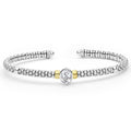 Signature Caviar Two-Tone White Topaz Oval Mini Versa Torque Bracelet in sterling silver with 14K gold accents, featuring caviar beading and a central oval white topaz stone.