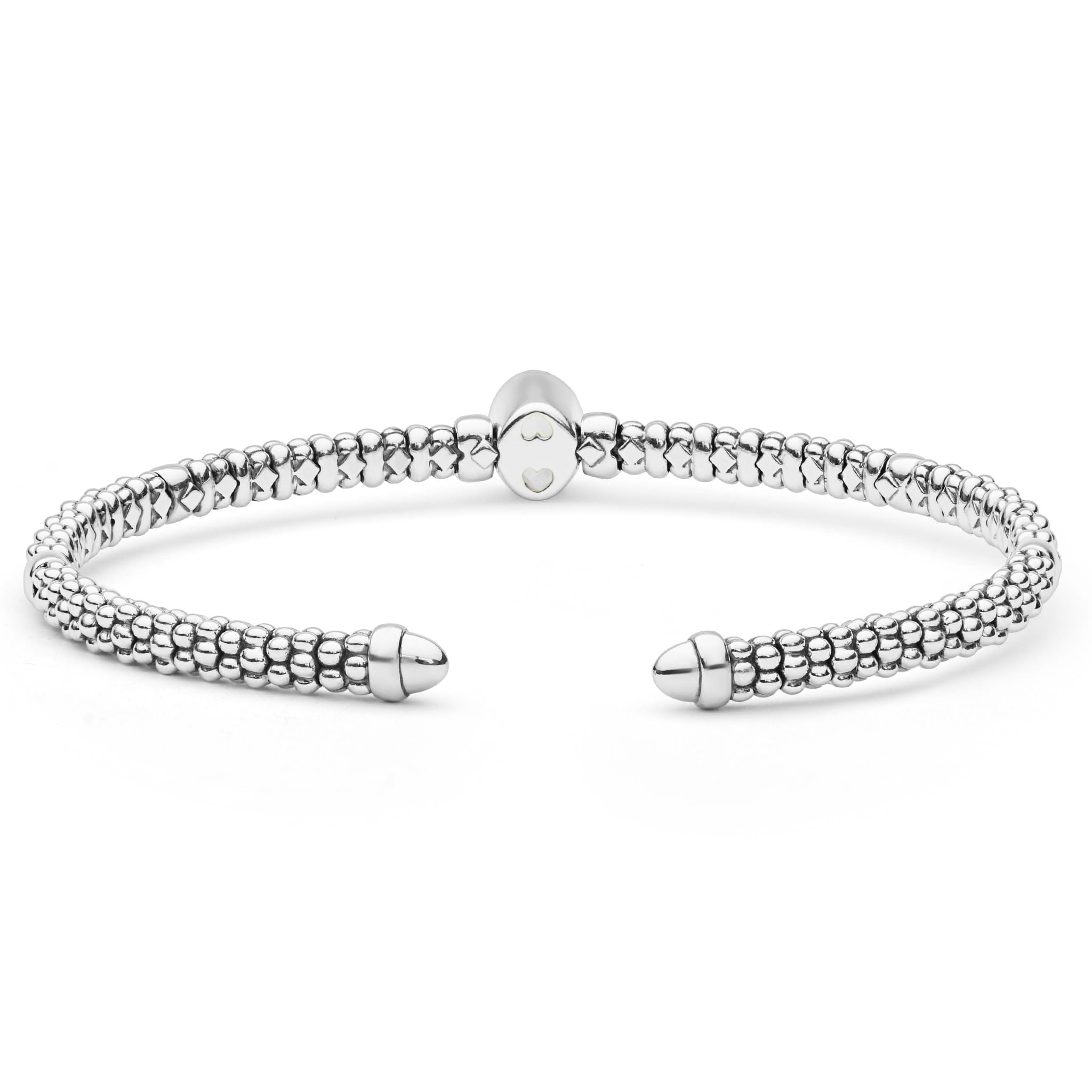 Signature Caviar Two-Tone White Topaz Oval Mini Versa Torque Bracelet features sterling silver caviar beading, 14K gold accents, and a white topaz gemstone centerpiece.