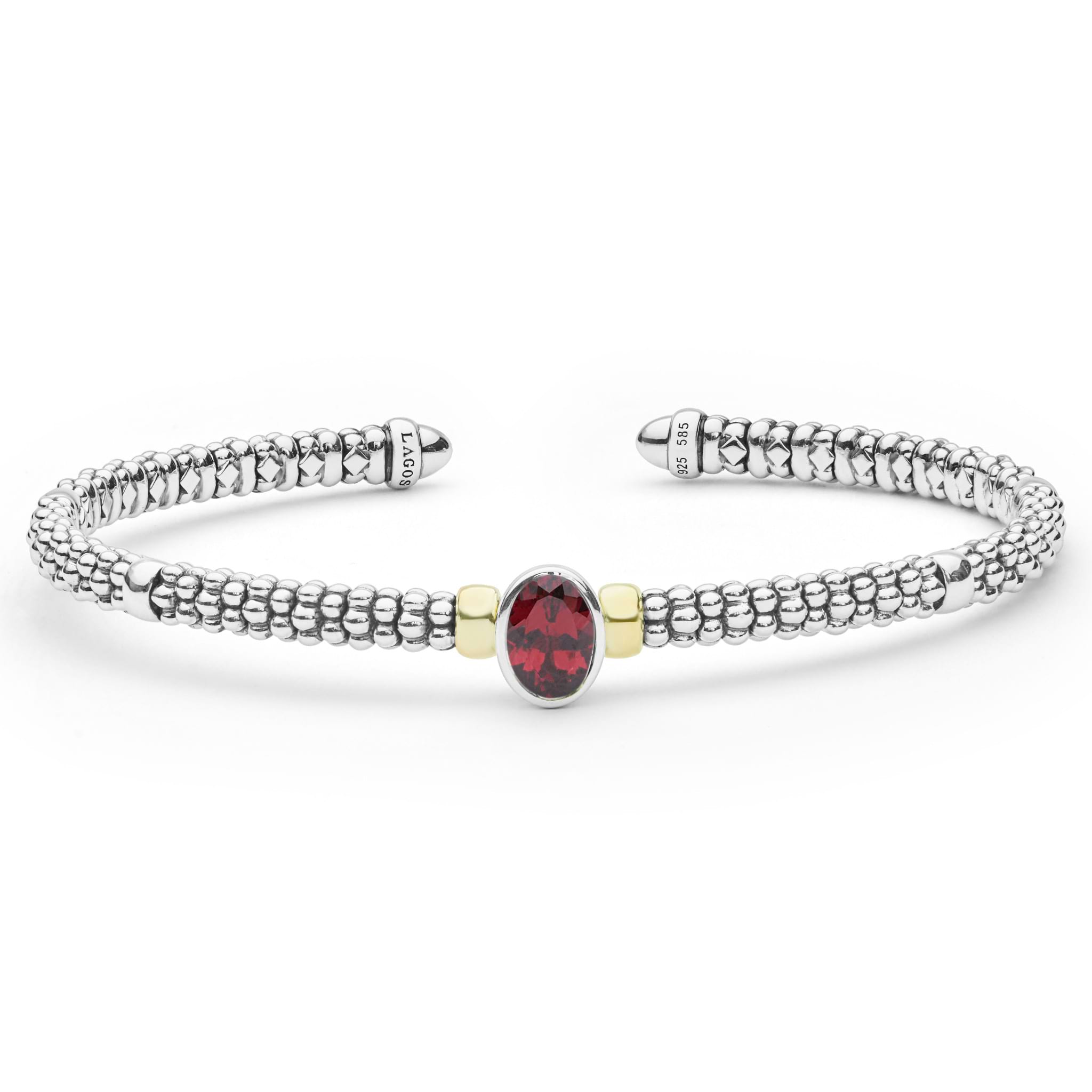  3mm featuring sterling silver caviar beading, 14K gold accents, and a central oval garnet gemstone.