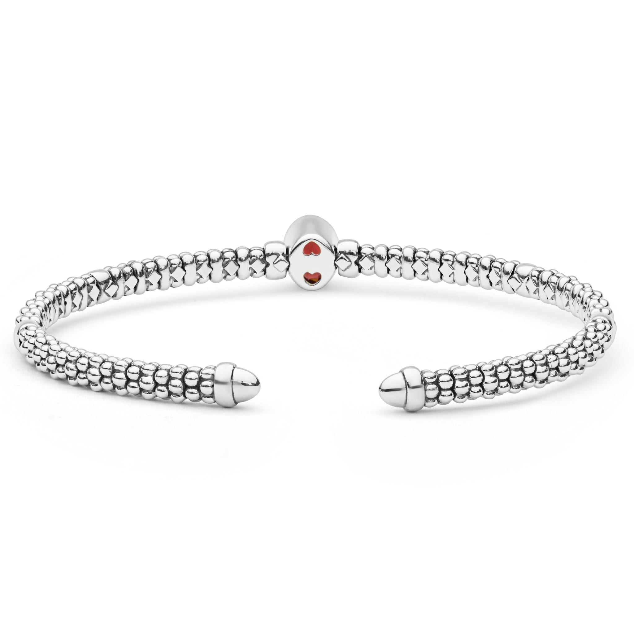 Signature Caviar Two-Tone Garnet Oval Mini Versa Torque Bracelet in sterling silver with 14K gold accents features caviar beading and a central garnet gemstone.