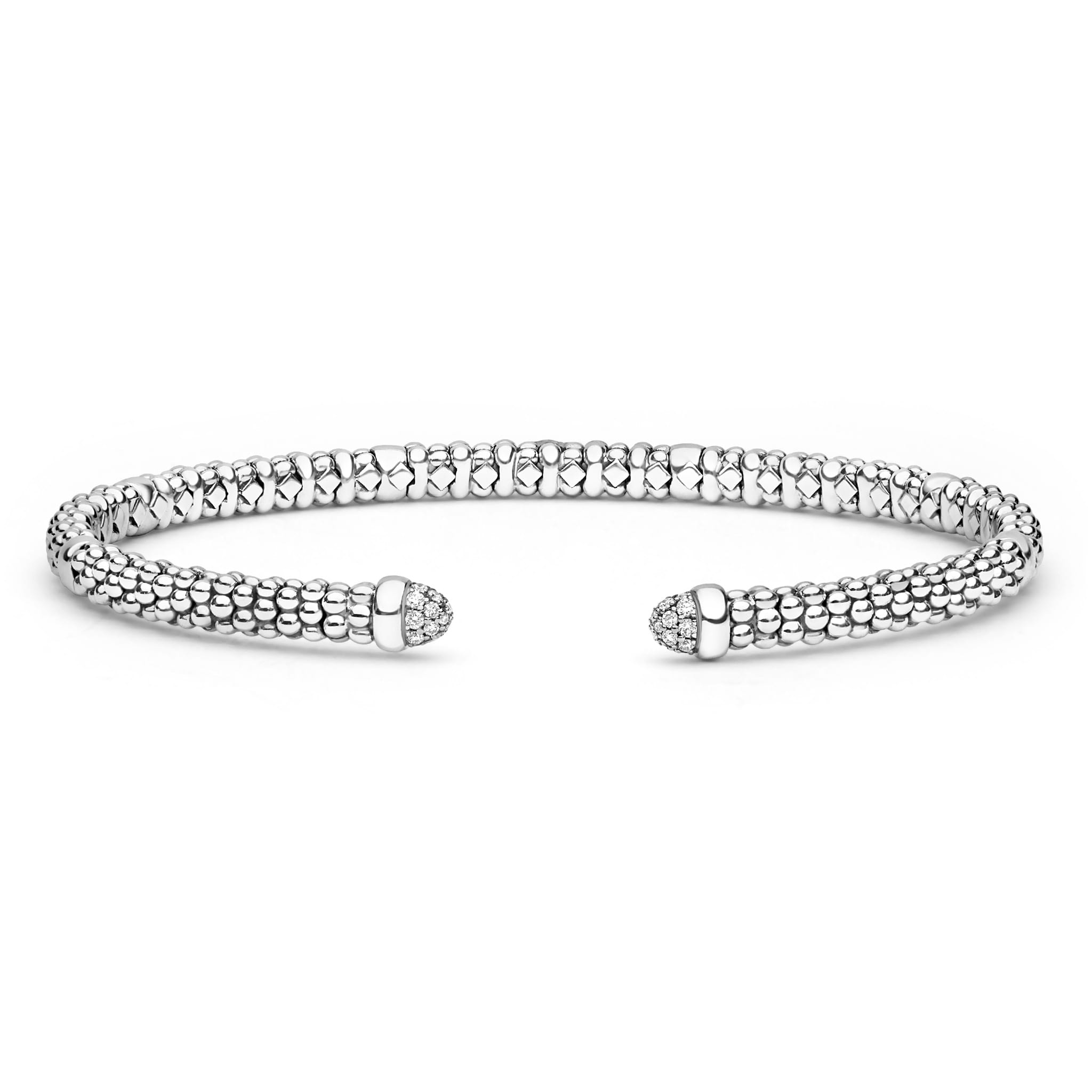 Signature Caviar Sterling Silver Diamond Mini Versa Torque Bracelet in 3mm featuring caviar texture and pavé-set gemstone caps, showcasing LAGOS elegant craftsmanship.