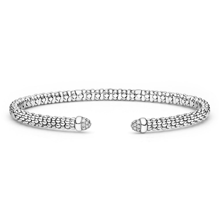 Signature Caviar Sterling Silver Diamond Mini Versa Torque Bracelet in 3mm featuring caviar texture and pavé-set gemstone caps, showcasing LAGOS elegant craftsmanship.