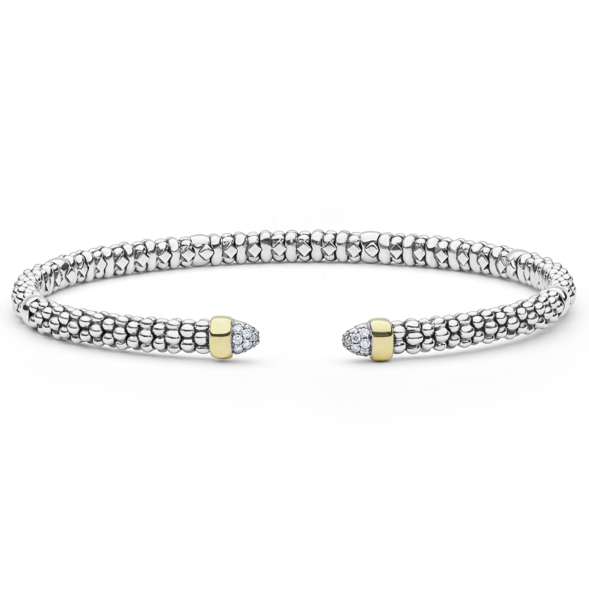  3mm, featuring sterling silver caviar beading, 14K gold stations, and pavé diamond end caps for an elegant, modern look.