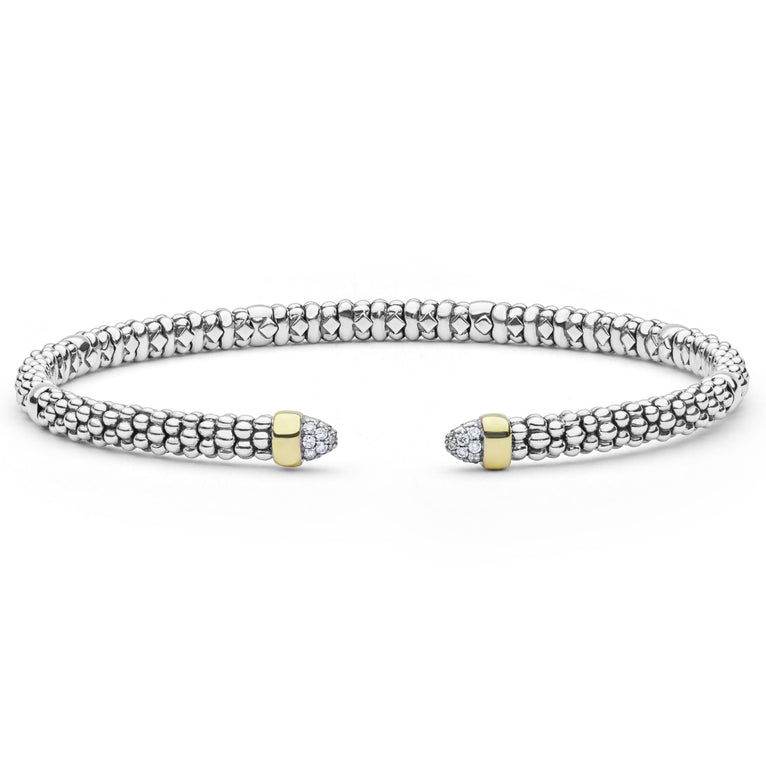  3mm, featuring sterling silver caviar beading, 14K gold stations, and pavé diamond end caps for an elegant, modern look.