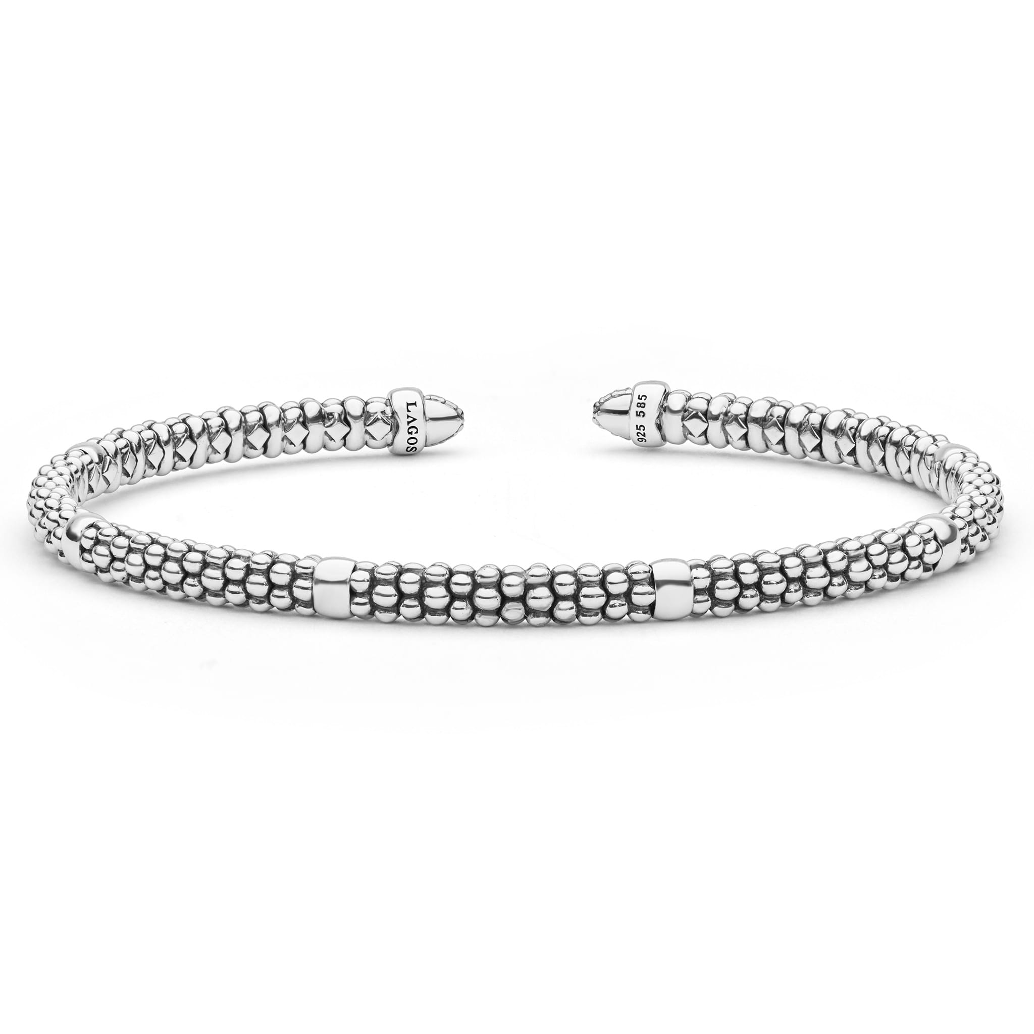  3mm, featuring sterling silver caviar beading, 14K gold stations, and pavé diamond end caps, showcasing LAGOS craftsmanship.