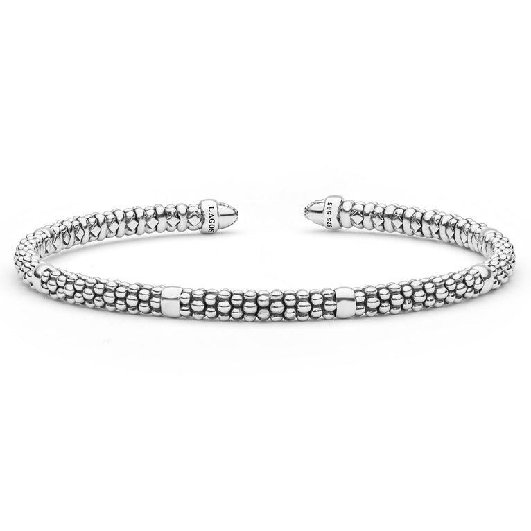  3mm, featuring sterling silver caviar beading, 14K gold stations, and pavé diamond end caps, showcasing LAGOS craftsmanship.