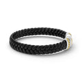 Anthem Black Braided Vegan Leather and Two-Tone Bracelet featuring a tubular braid pattern, silver-tone clasp, and gold-colored bead accents for modern sophistication.