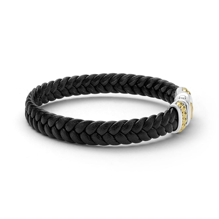 Anthem Black Braided Vegan Leather and Two-Tone Bracelet featuring a tubular braid pattern, silver-tone clasp, and gold-colored bead accents for modern sophistication.
