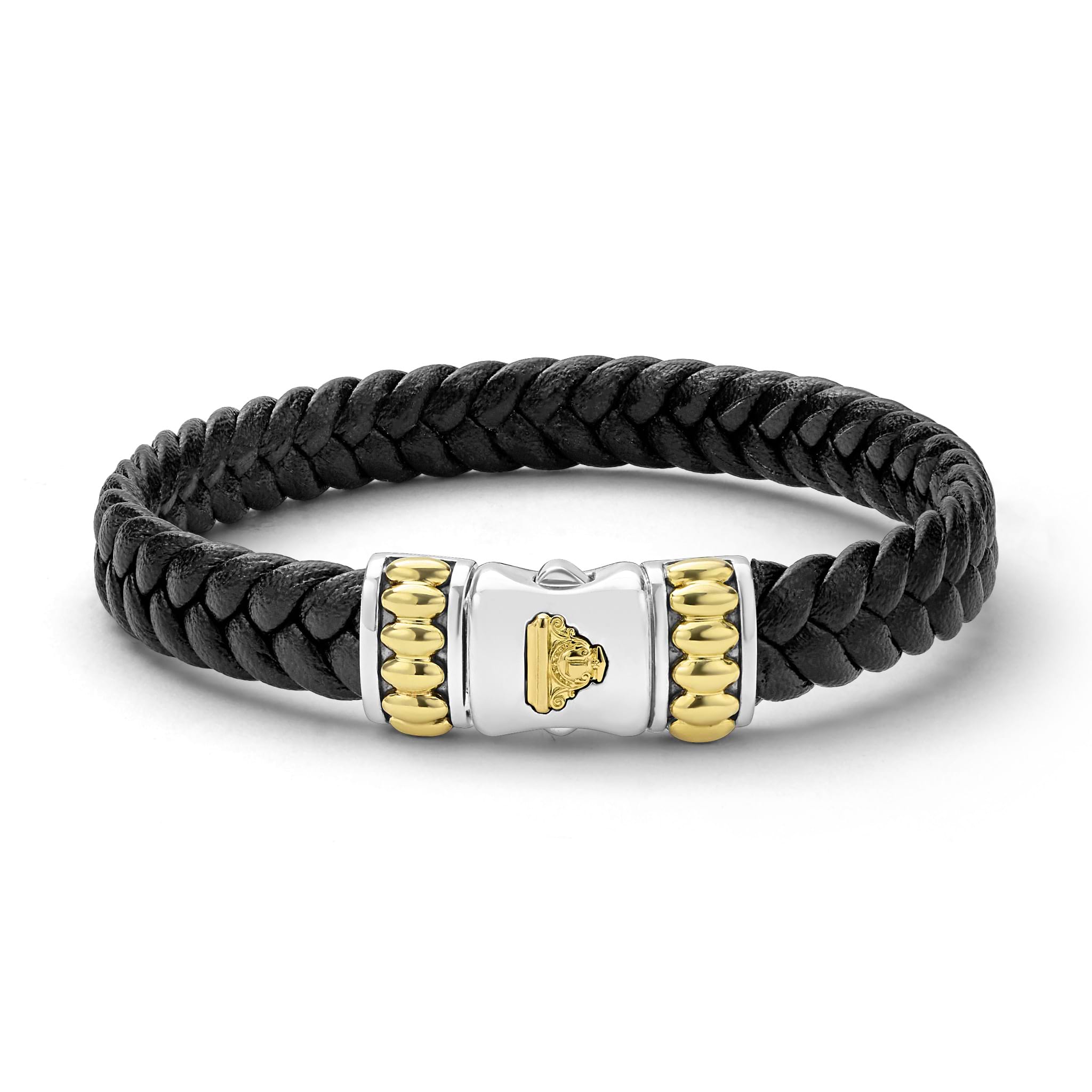 Anthem Black Braided Vegan Leather and Two-Tone Bracelet with silver-tone clasp, gold accents, and emblem, exuding modern sophistication and durable elegance.