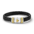 Anthem Black Braided Vegan Leather and Two-Tone Bracelet with silver-tone clasp, gold accents, and emblem, exuding modern sophistication and durable elegance.