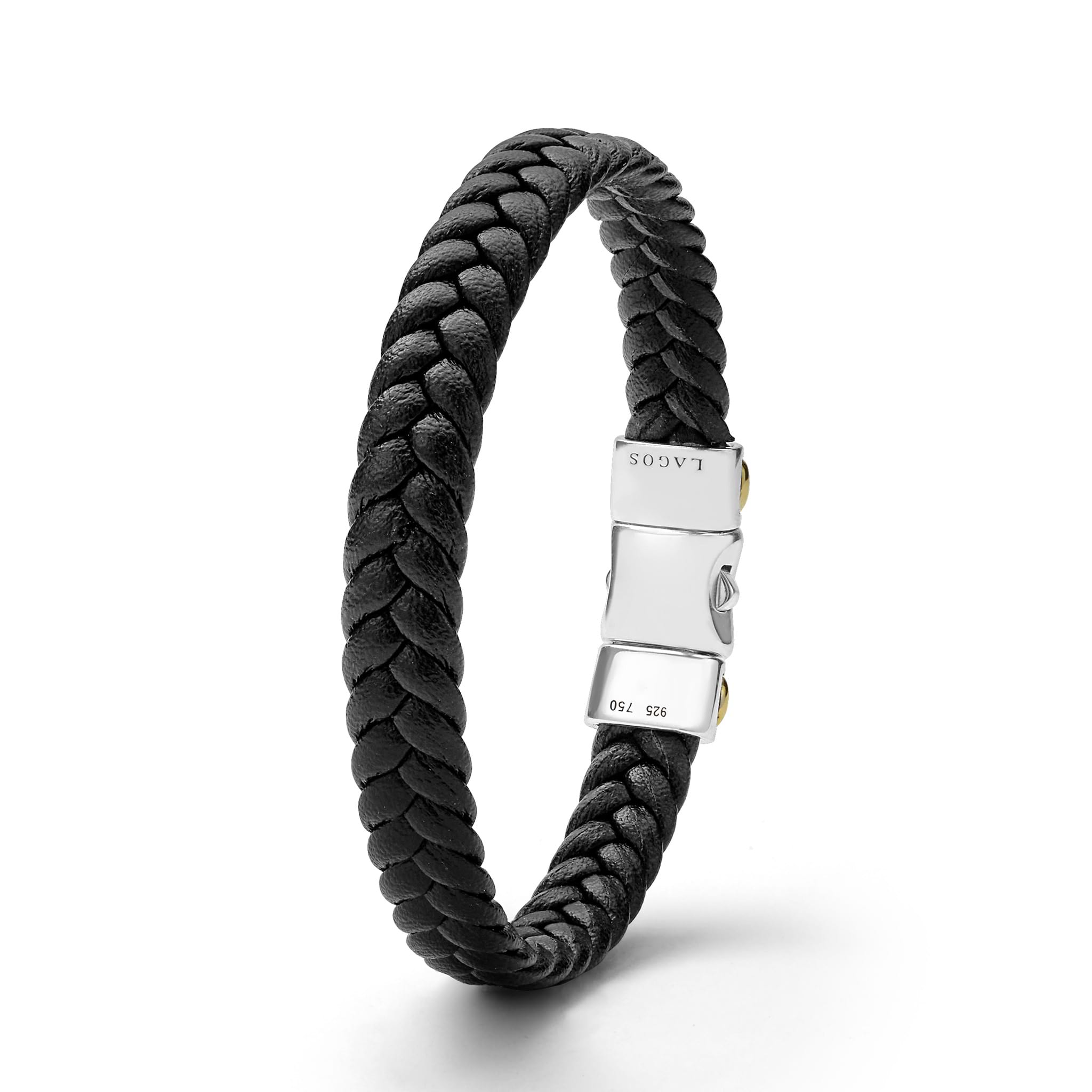 Anthem Black Braided Vegan Leather and Two-Tone Bracelet featuring a LAGOS-branded sterling silver clasp, showcasing modern style and craftsmanship.