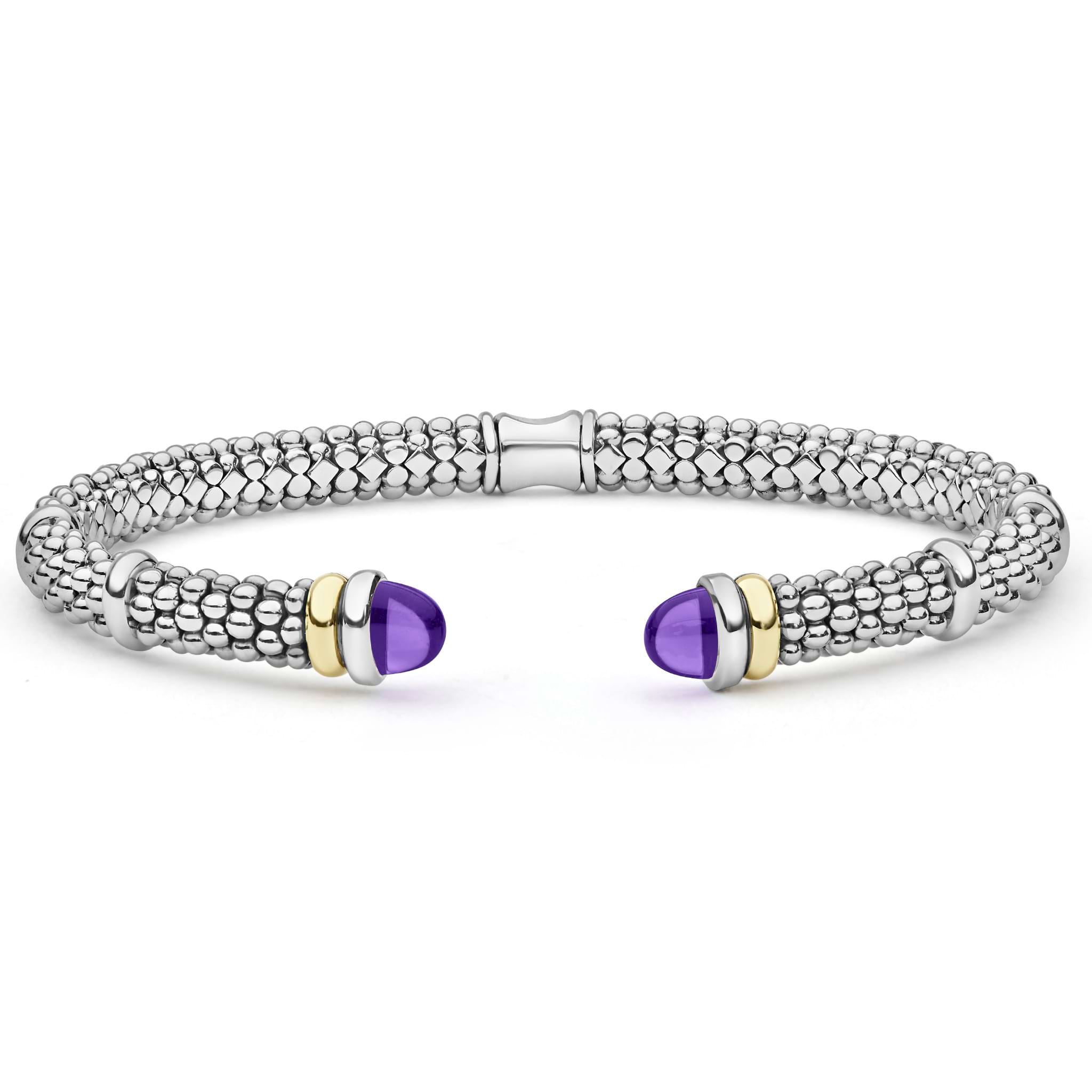 Signature Caviar Two-Tone Amethyst Versa Torque Bracelet features sterling silver caviar beading, 14K gold accents, and amethyst cabochons for a refined, modern look.