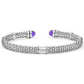 Signature Caviar Two-Tone Amethyst Versa Torque Bracelet in sterling silver with caviar beading, 14K gold accents, and amethyst cabochon end caps, featuring LAGOS logo clasp.