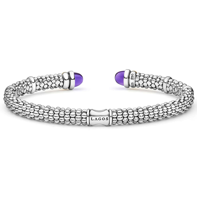 Signature Caviar Two-Tone Amethyst Versa Torque Bracelet in sterling silver with caviar beading, 14K gold accents, and amethyst cabochon end caps, featuring LAGOS logo clasp.
