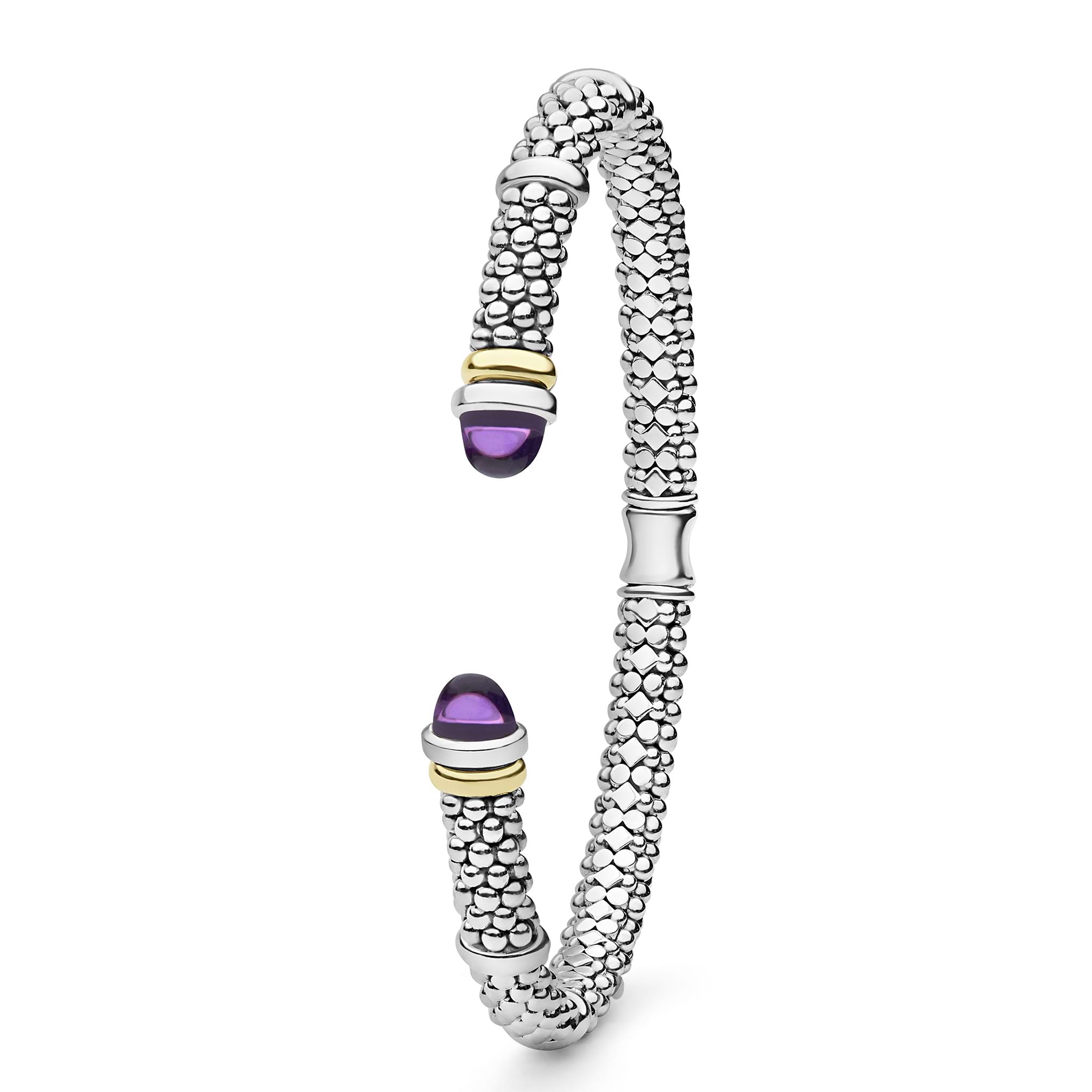 Signature Caviar Two-Tone Amethyst Versa Torque Bracelet in sterling silver with 14K gold accents, featuring caviar beading and amethyst cabochon end caps.