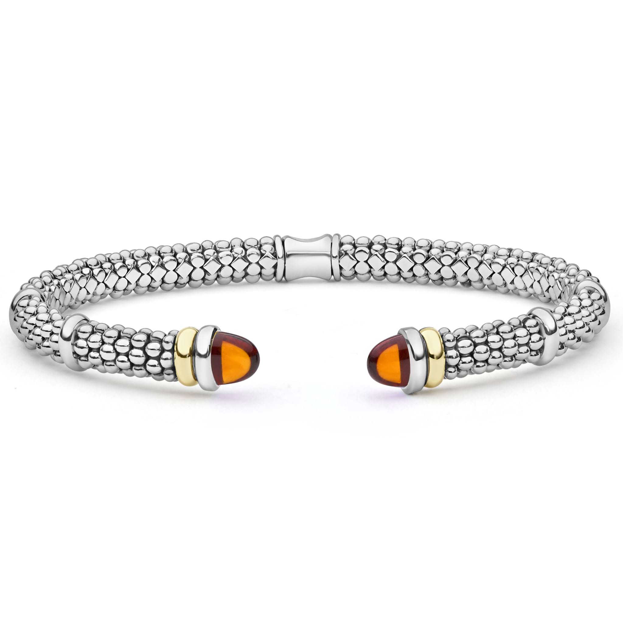 Signature Caviar Two-Tone Citrine Versa Torque Bracelet in sterling silver, featuring caviar beading and 14K gold accents, with cabochon-cut citrine gemstone end caps.