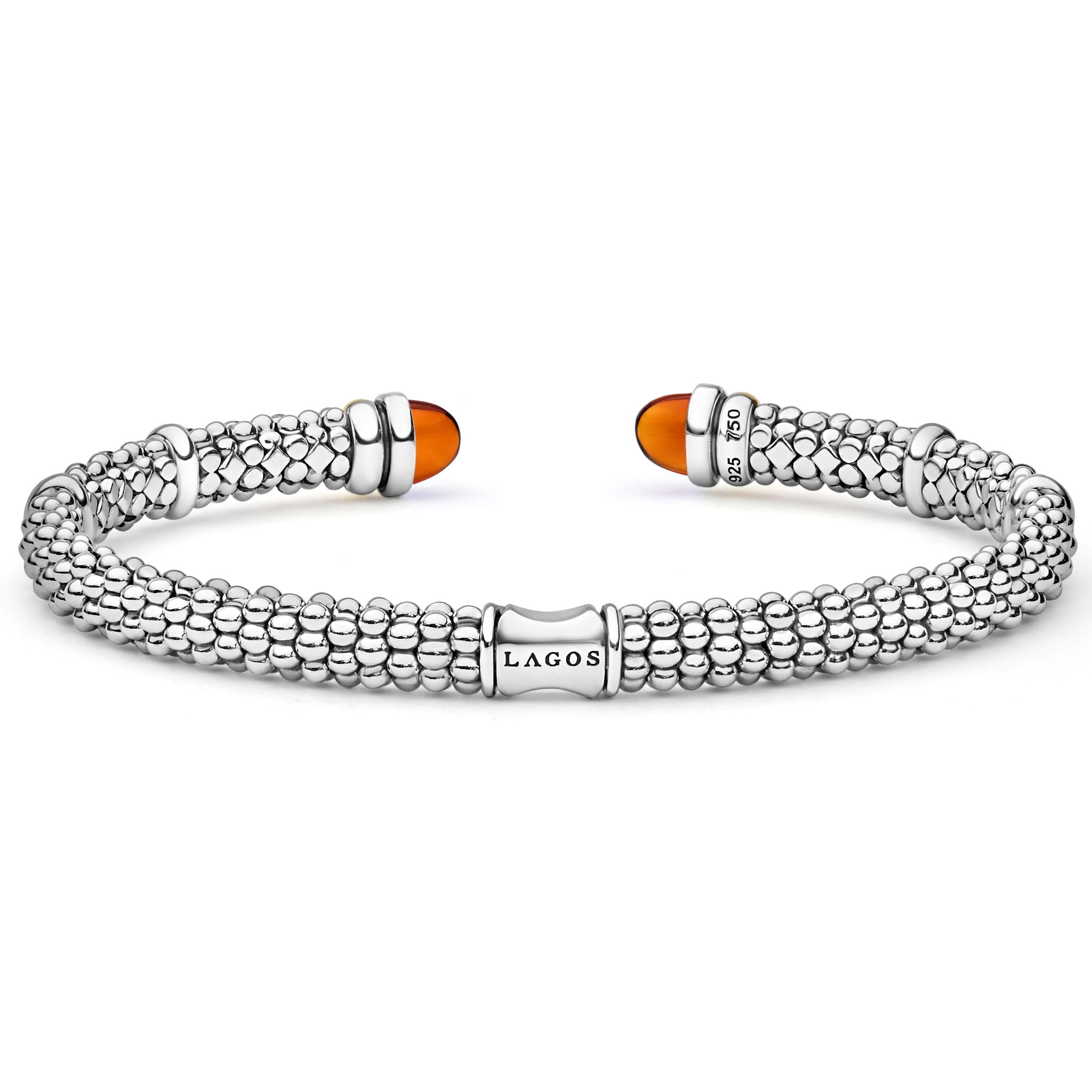 Sterling silver cuff with caviar beading, 14K gold accents, and amber-colored citrine gemstone end caps.