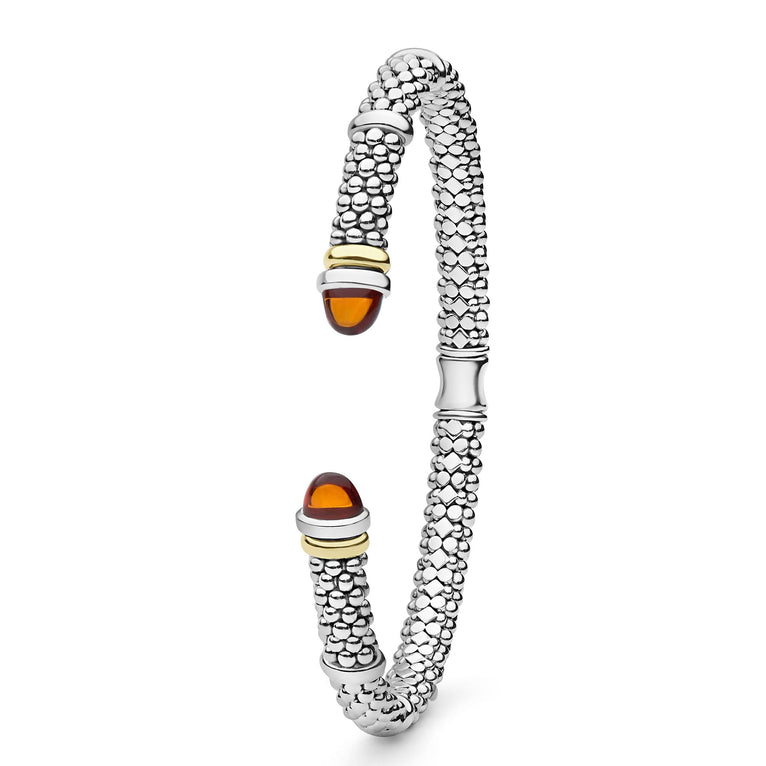 Signature Caviar Two-Tone Citrine Versa Torque Bracelet in sterling silver with caviar beading, featuring 14K gold accents and cabochon-cut citrine gemstone end caps.
