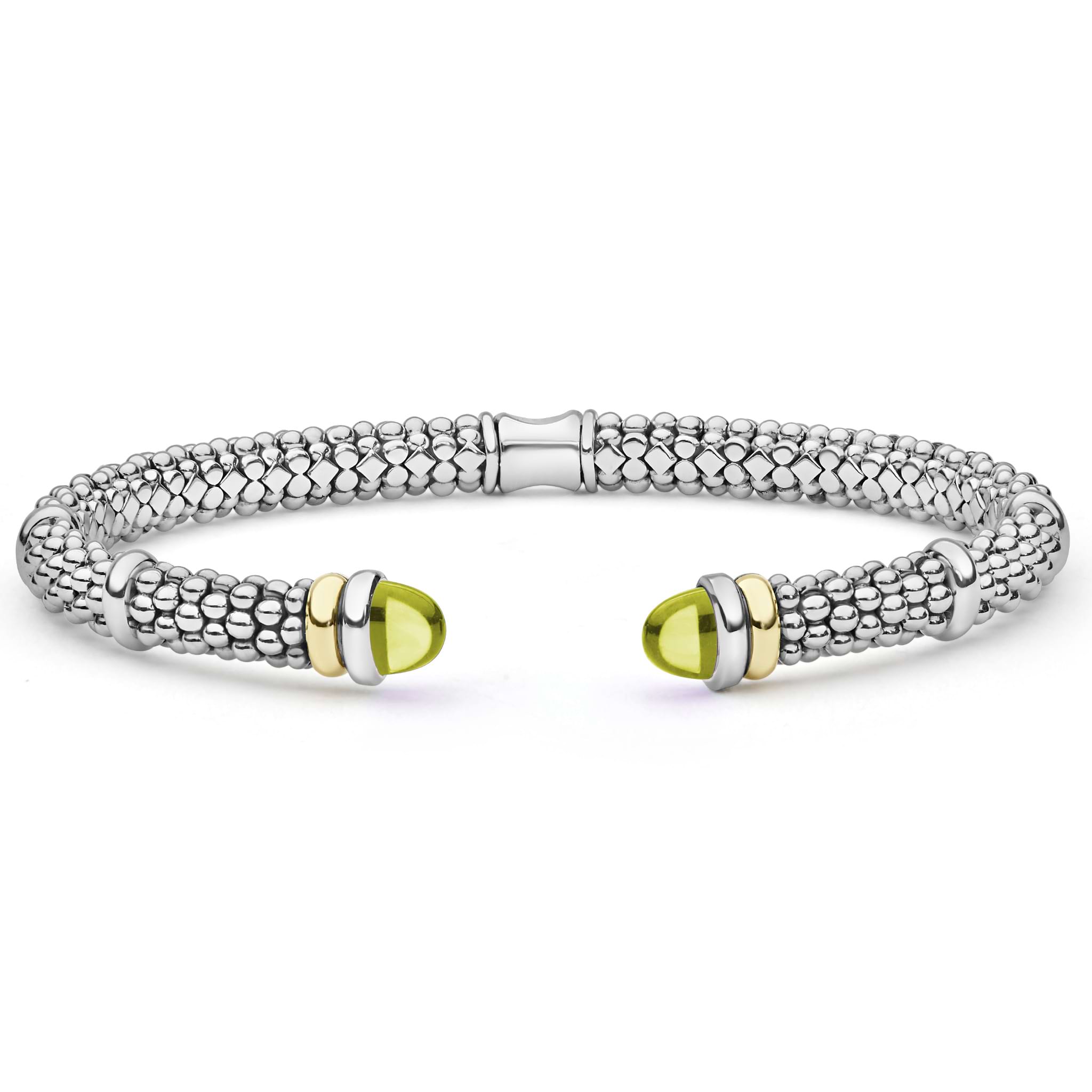 Signature Caviar Two-Tone Green Quartz Versa Torque Bracelet in sterling silver with 14K gold accents, featuring caviar beading and green quartz cabochon end caps.