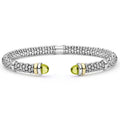 Signature Caviar Two-Tone Green Quartz Versa Torque Bracelet in sterling silver with 14K gold accents, featuring caviar beading and green quartz cabochon end caps.