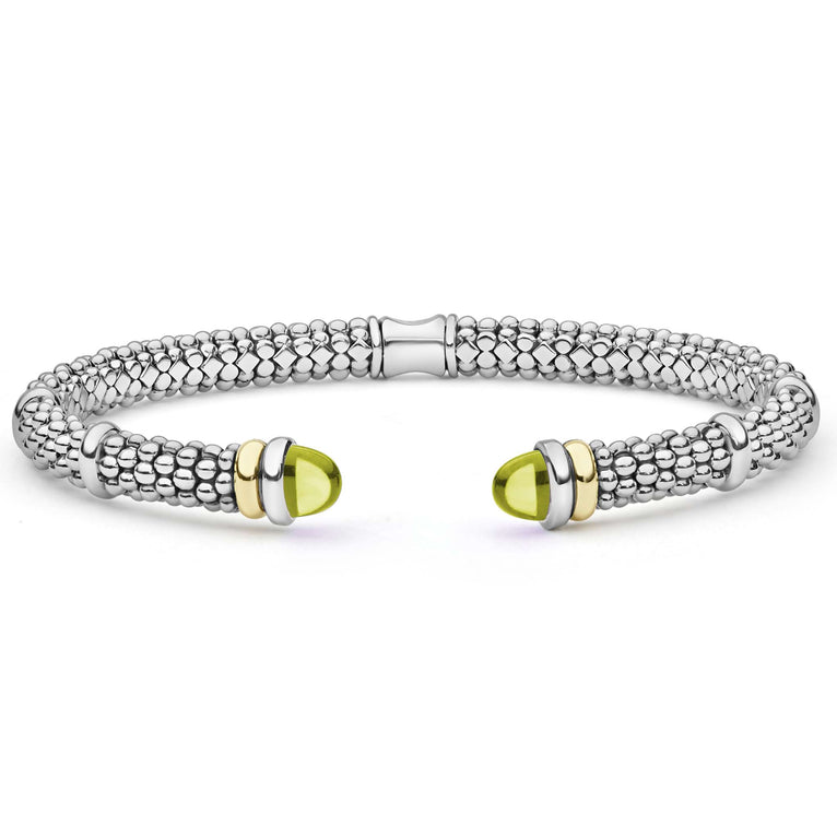 Signature Caviar Two-Tone Green Quartz Versa Torque Bracelet in sterling silver with 14K gold accents, featuring caviar beading and green quartz cabochon end caps.