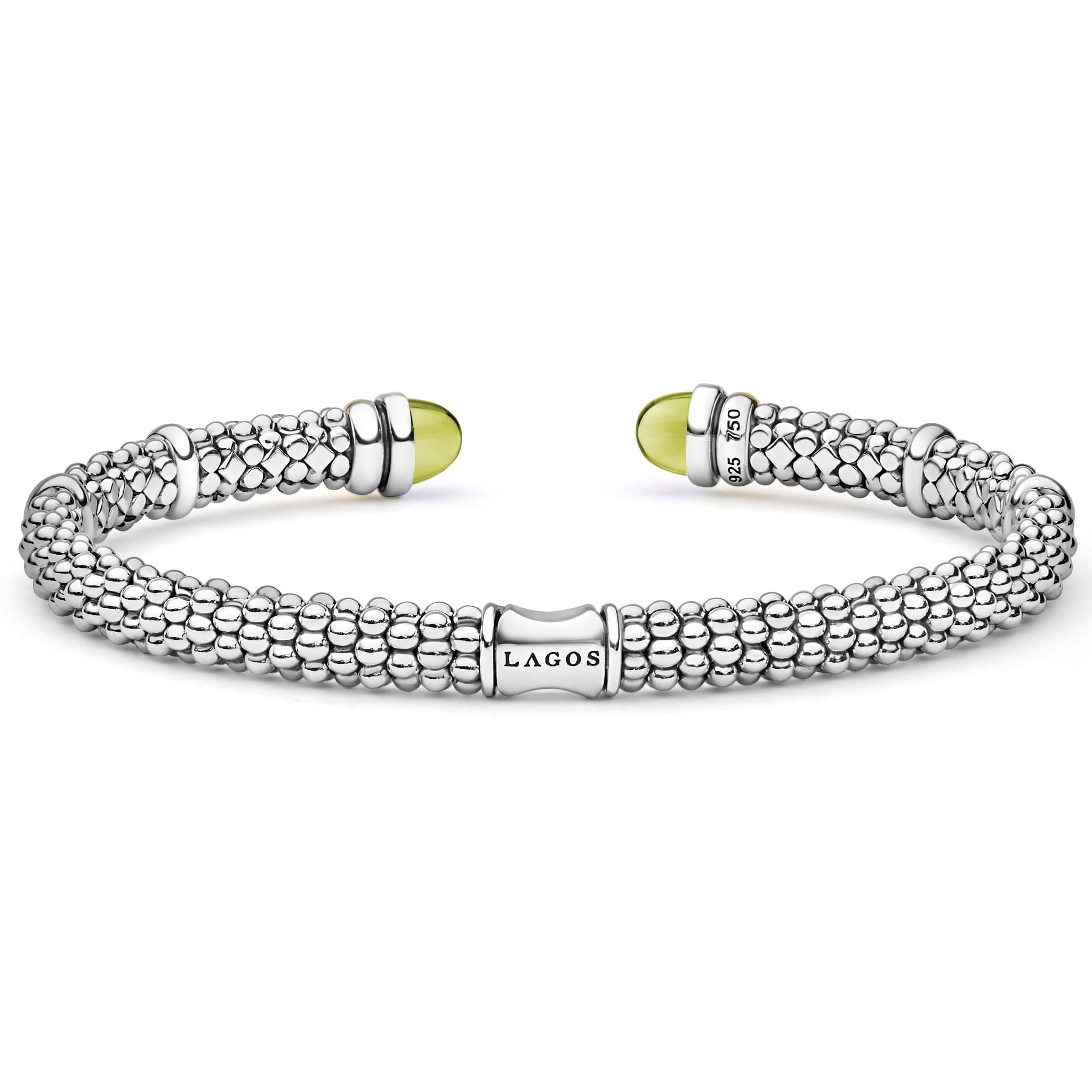 Signature Caviar Two-Tone Green Quartz Versa Torque Bracelet in sterling silver, featuring dual beaded cuffs, cabochon-cut green quartz end caps, and elegant 14K gold accents.