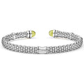 Signature Caviar Two-Tone Green Quartz Versa Torque Bracelet in sterling silver, featuring dual beaded cuffs, cabochon-cut green quartz end caps, and elegant 14K gold accents.