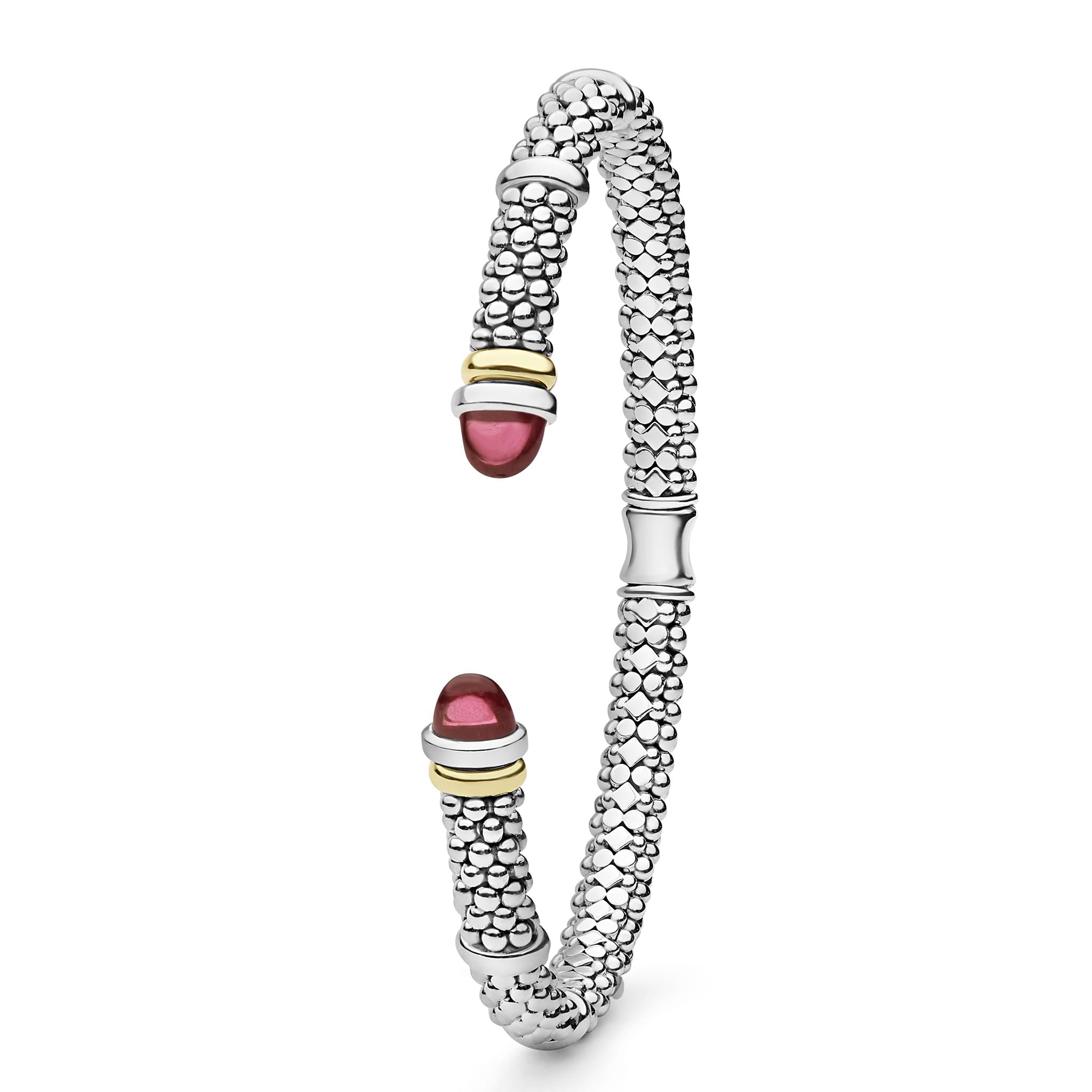  5mm: Sterling silver cuff with 14K gold accents, featuring garnet cabochon ends and signature caviar beading.